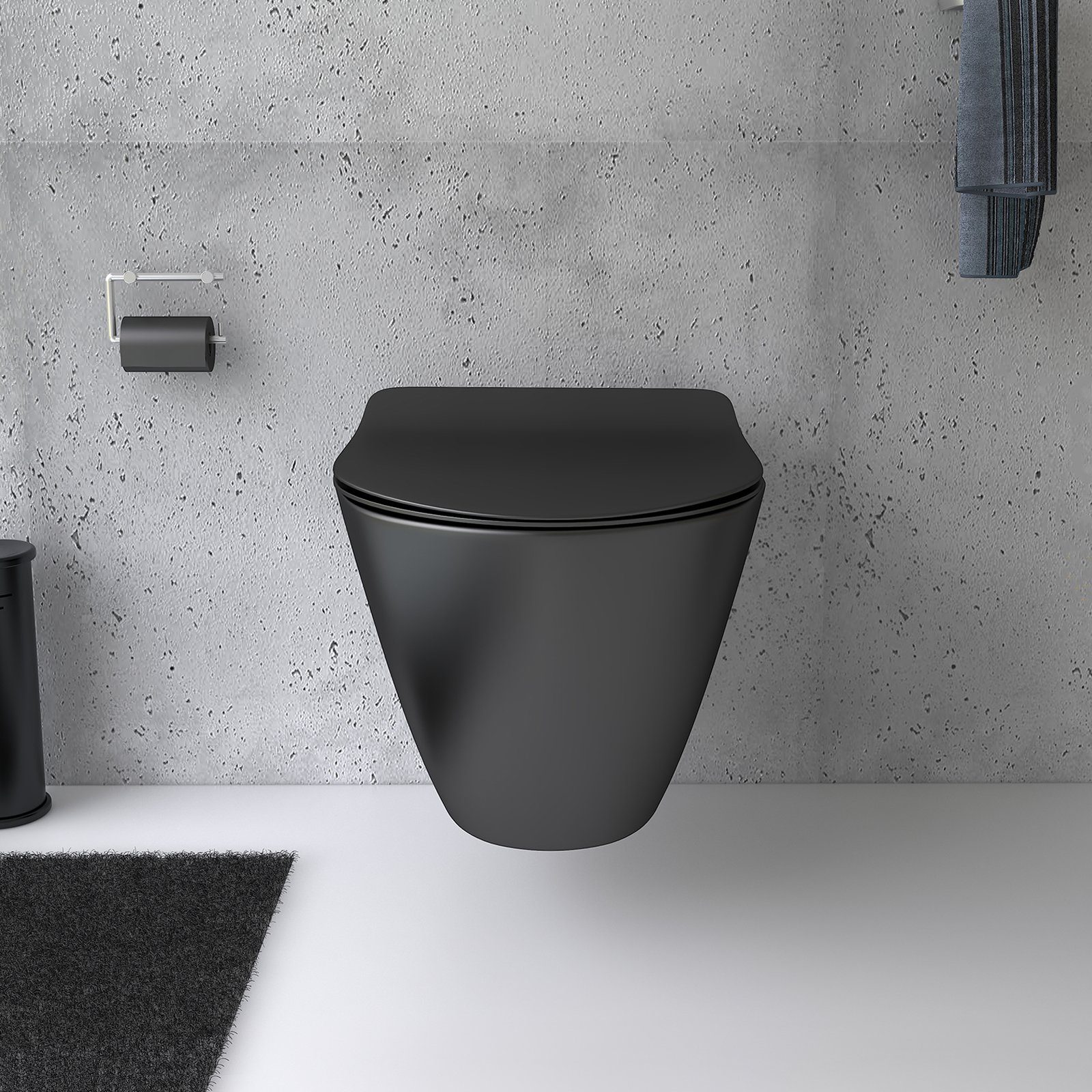 Alpenberger Tiefspül-WC Hänge-WC Set Schwarz - Toilette ohne Spülrand mit Nano Beschichtung, wandhängend, Abgang waagerecht, Komplett-Set, Schwarz mit Lotus Effekt, hygienisch & pflegeleicht, Sitz abnehmbar