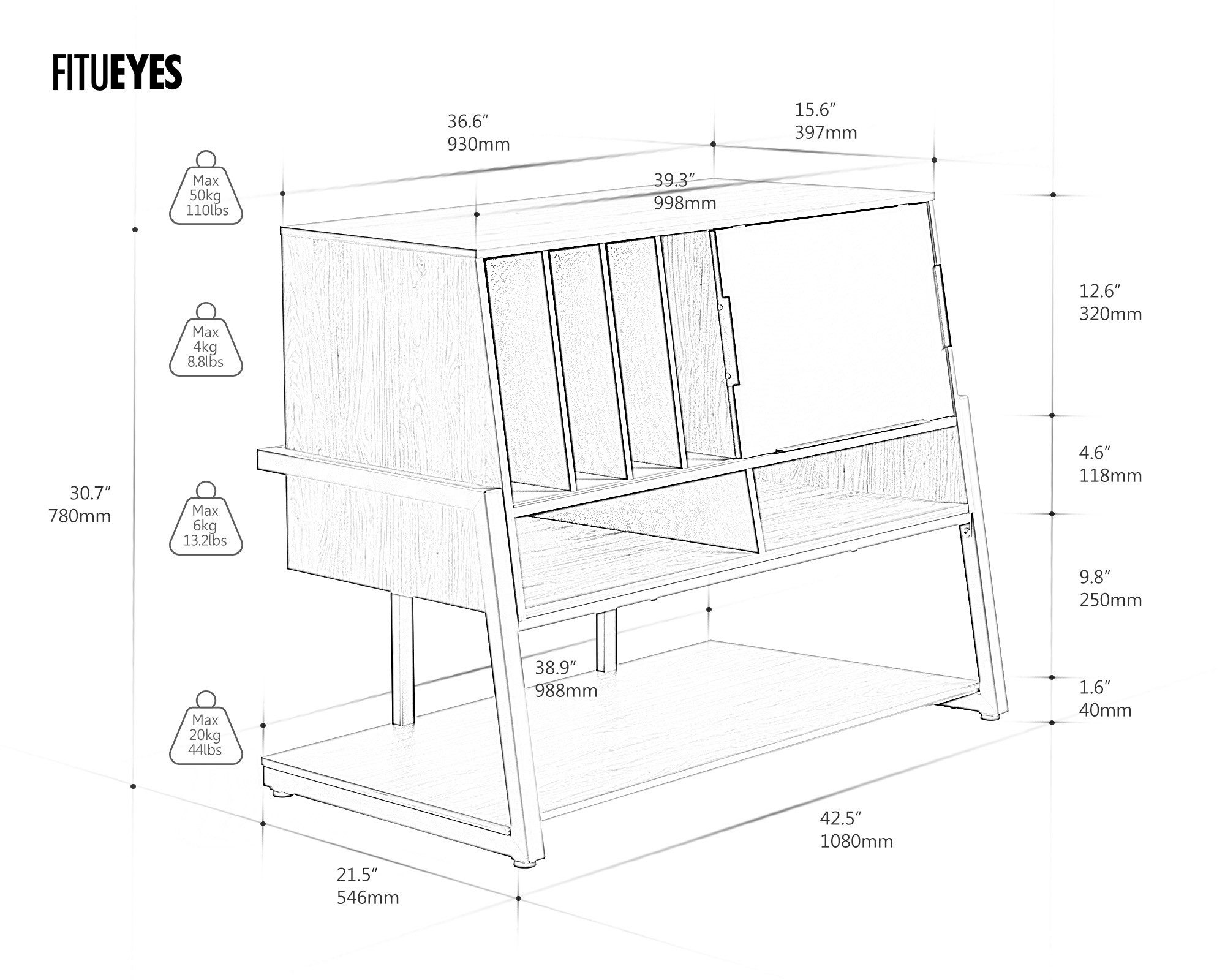 FITUEYES TV-Regal großes HIFI-Rack mit 4 Fächern, Platz für bis zu 120 Schallplatten, Vintage-Look