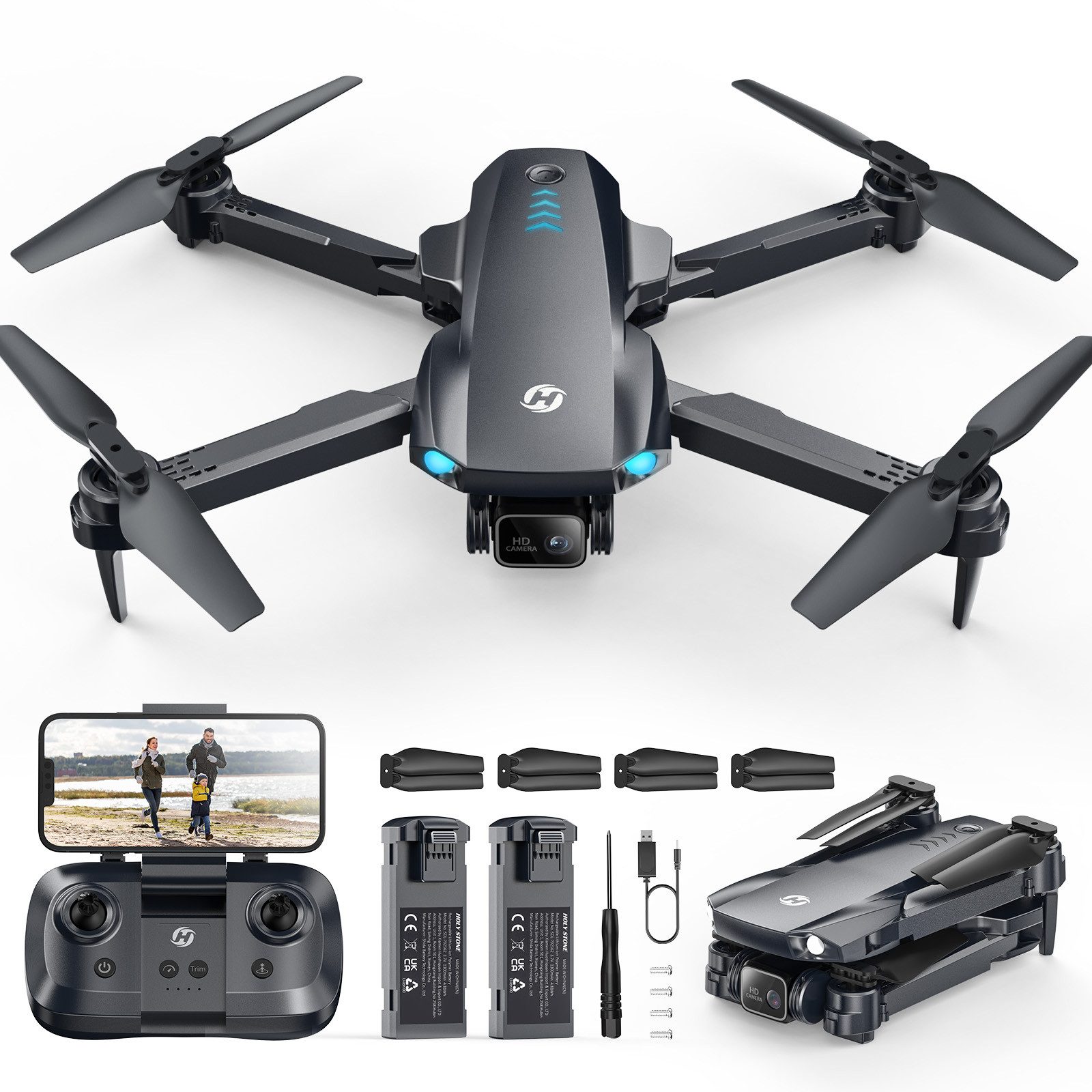 HOLY STONE faltbar, mit 1080P Kamera für Anfänger, optischem Fluss & 2 Akkus Drohne