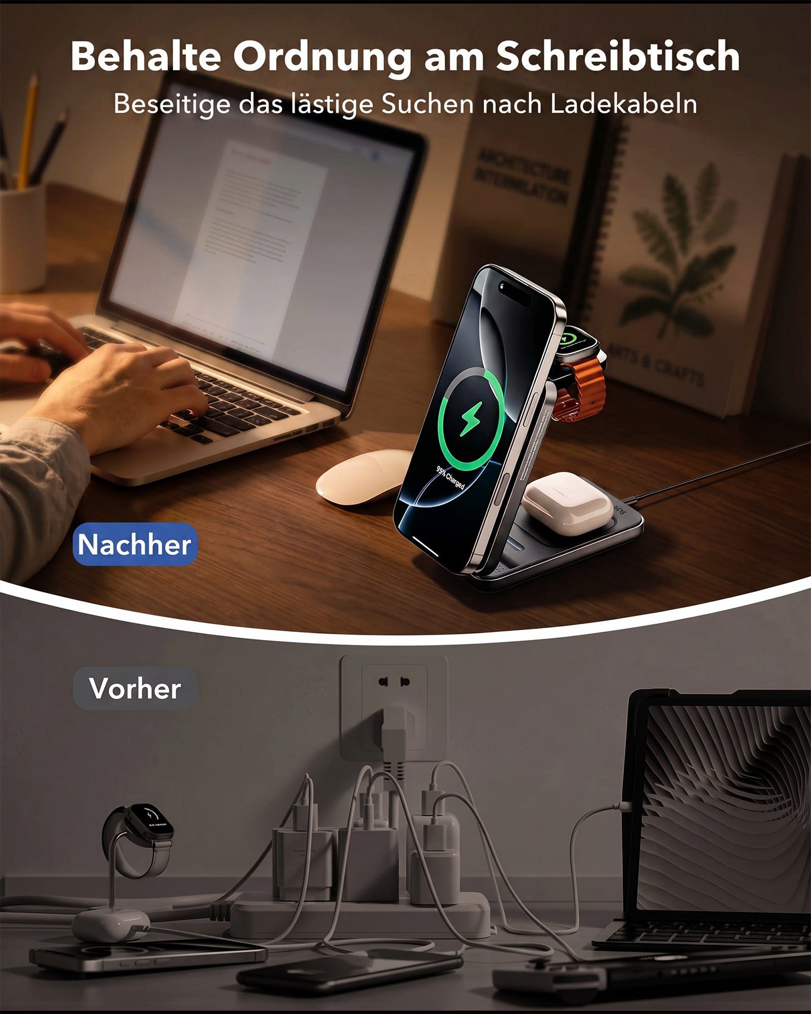 GreenHec Ladestation 3in1 MagSafe iPhone Apple Watch Ladegerät Faltbar Wireless Charger (0 mA, Spar-Set, Wireless Charging Station + Kabel, 15W, Handy Charging  – Bild 5 von 5