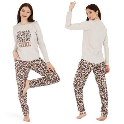 LOREZA Schlafanzug Schlafanzug Pyjama langarm- Leopard - Bunt (Set, 2 tlg)