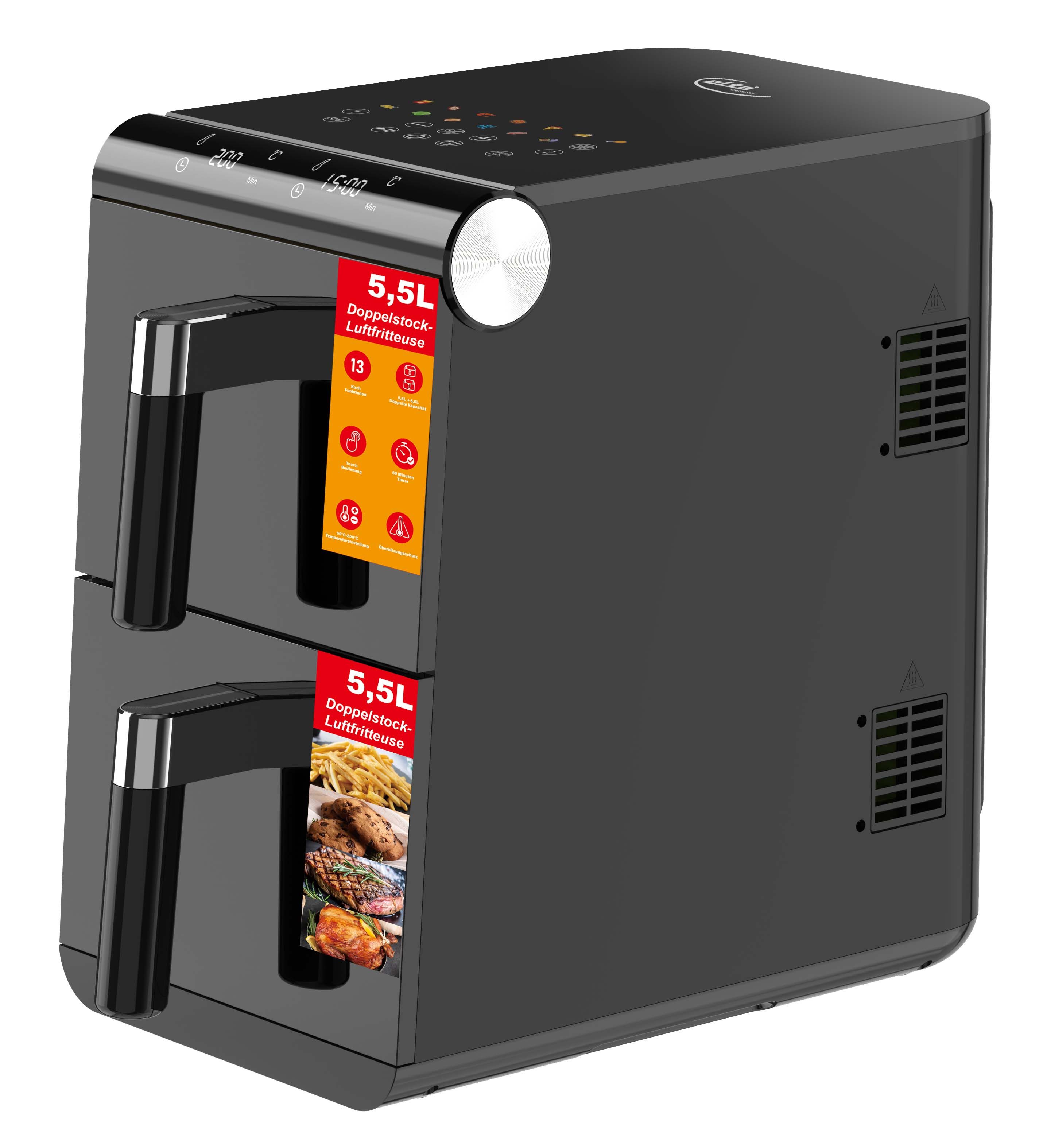 Elta Heißluftfritteuse Vertikal Doppelstock, 1700 W, 11 L Dual Zone XXL mit 2 unabhängigen Fächern, undTouchscreen
