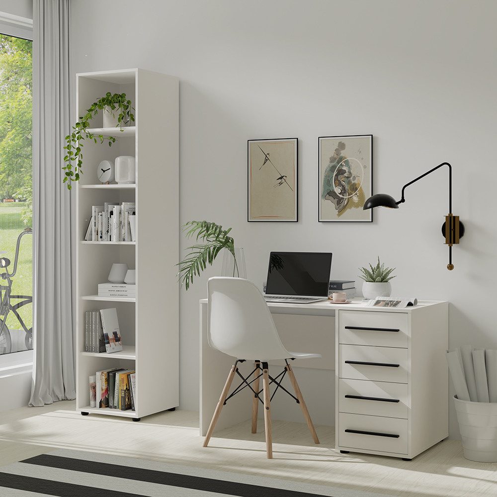 Lomadox Büromöbel-Set MOLLERUSA-132, (Spar-Set, 2-tlg., Regal Schreibtisch), in weiß matt mit schwarzen Griffen