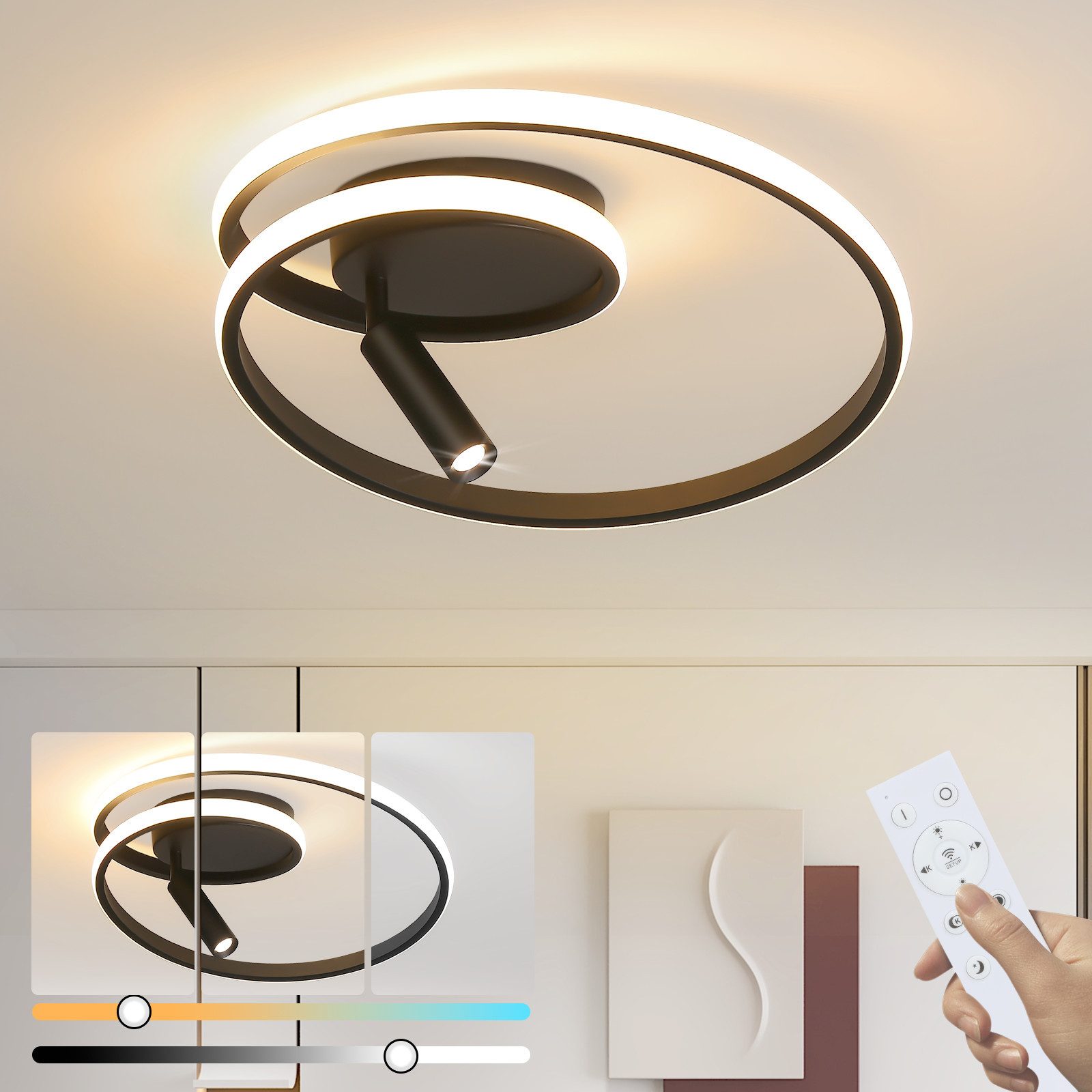 ZMH LED Deckenleuchte LED Deckenleuchte 40cm Schwarz/ Weiß Dimmbar 37W Deckenspot, LED fest integriert, LED dimmbar 37w Deckenlampe mit Spot