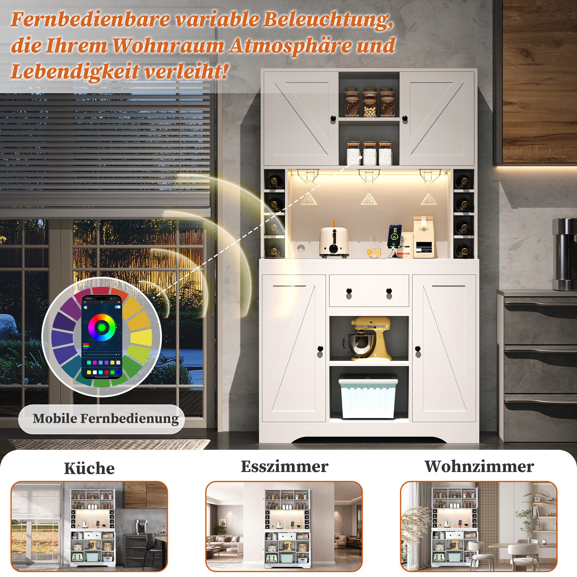 Celya Hochschrank Küchenschrank, Weinschrank mit LED-Beleuchtung (mit verstellbaren Einlegeböden, Schublade, Weinglashalt und Steckdosen) ideal für Küche, Esszimmer, Wohnzimmer oder Schlafzimmer.
