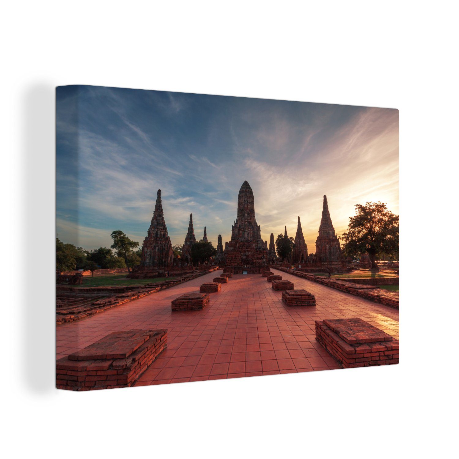 OneMillionCanvasses® Leinwandbild Der alte Tempel in Ayutthaya mit einem wunderschönen Sonnenuntergang, (1 St), Wandbild Leinwandbilder, Aufhängefertig, Wanddeko, 30x20 cm