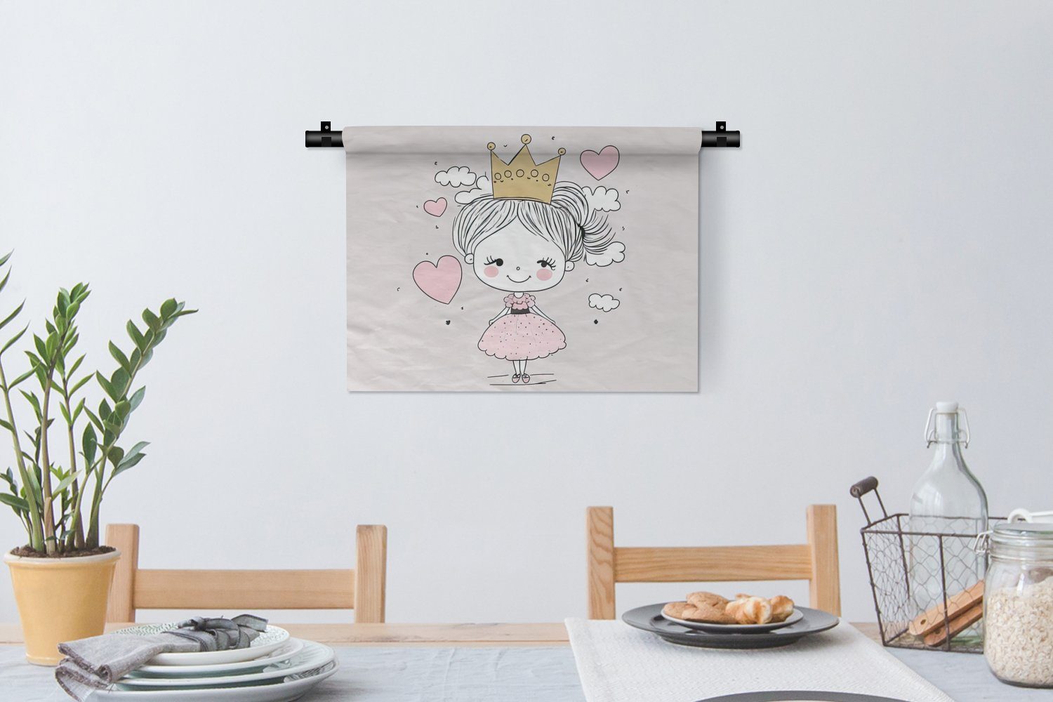 Prinzessin Mädchen Kinderzimmer - - Wandbehang, Wohnzimmer, Wanddekoobjekt - Kleid, Rosa Schlafzimmer, Krone Pastell, Wanddeko - MuchoWow für