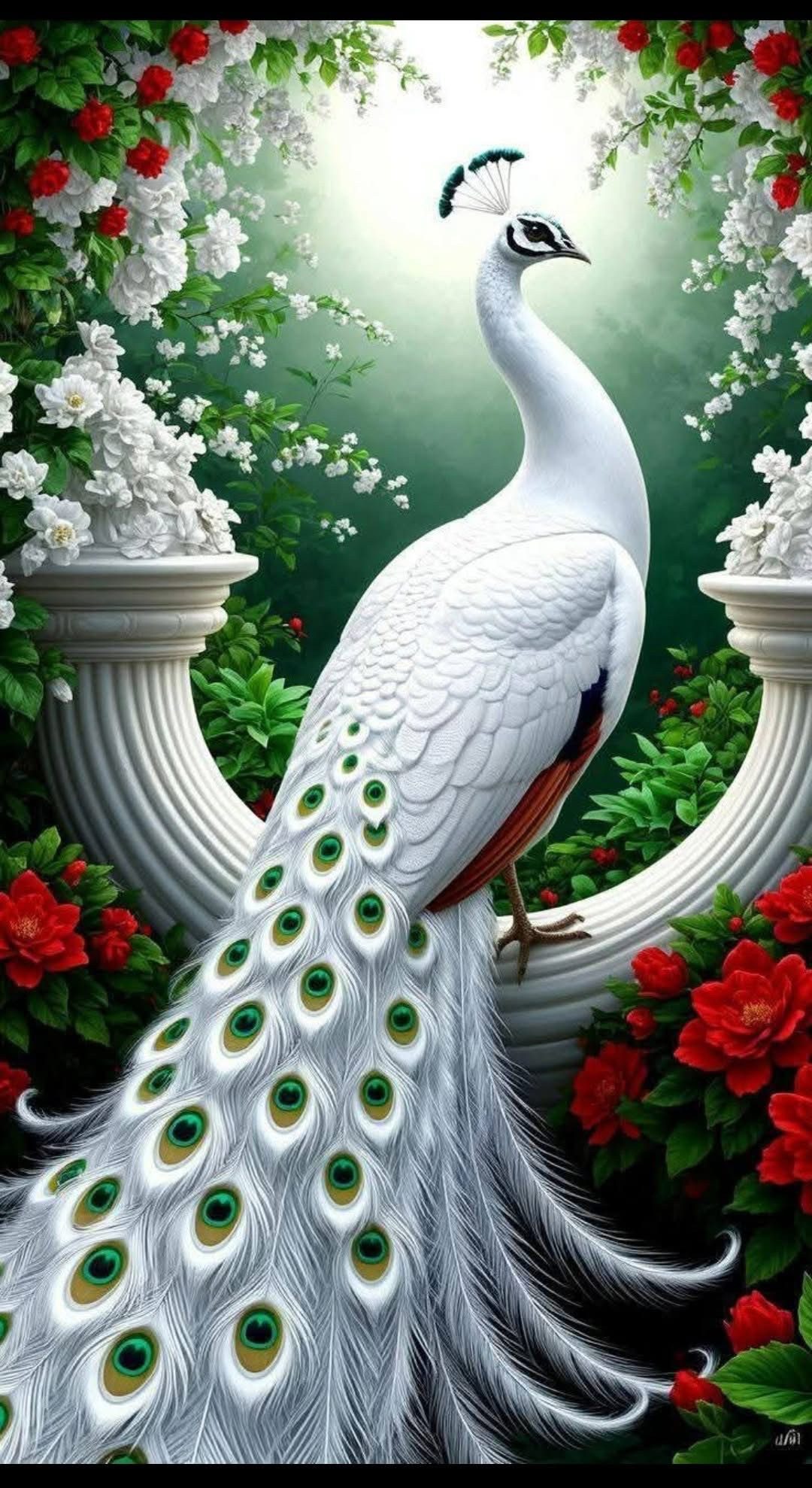 Rötting Design Malen nach Zahlen Diamond Painting Set 5D DIY Motiv weißer Pfau im Blumenmeer (Komplett-Set), Diamond Painting Vollbild, Vollständiges Zubehörpaket