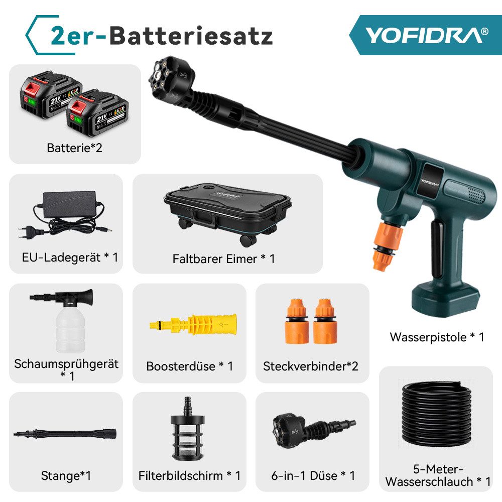 Yofidra Akku-Hochdruckreiniger 70 bar mit 2 Akkus & 22 L Falteimer, Druck max: 70 bar, 500 W, Fördermenge max: 246 l/h, tragbarer Hochdruckreiniger für Auto, Balkon, Terrasse & Garten