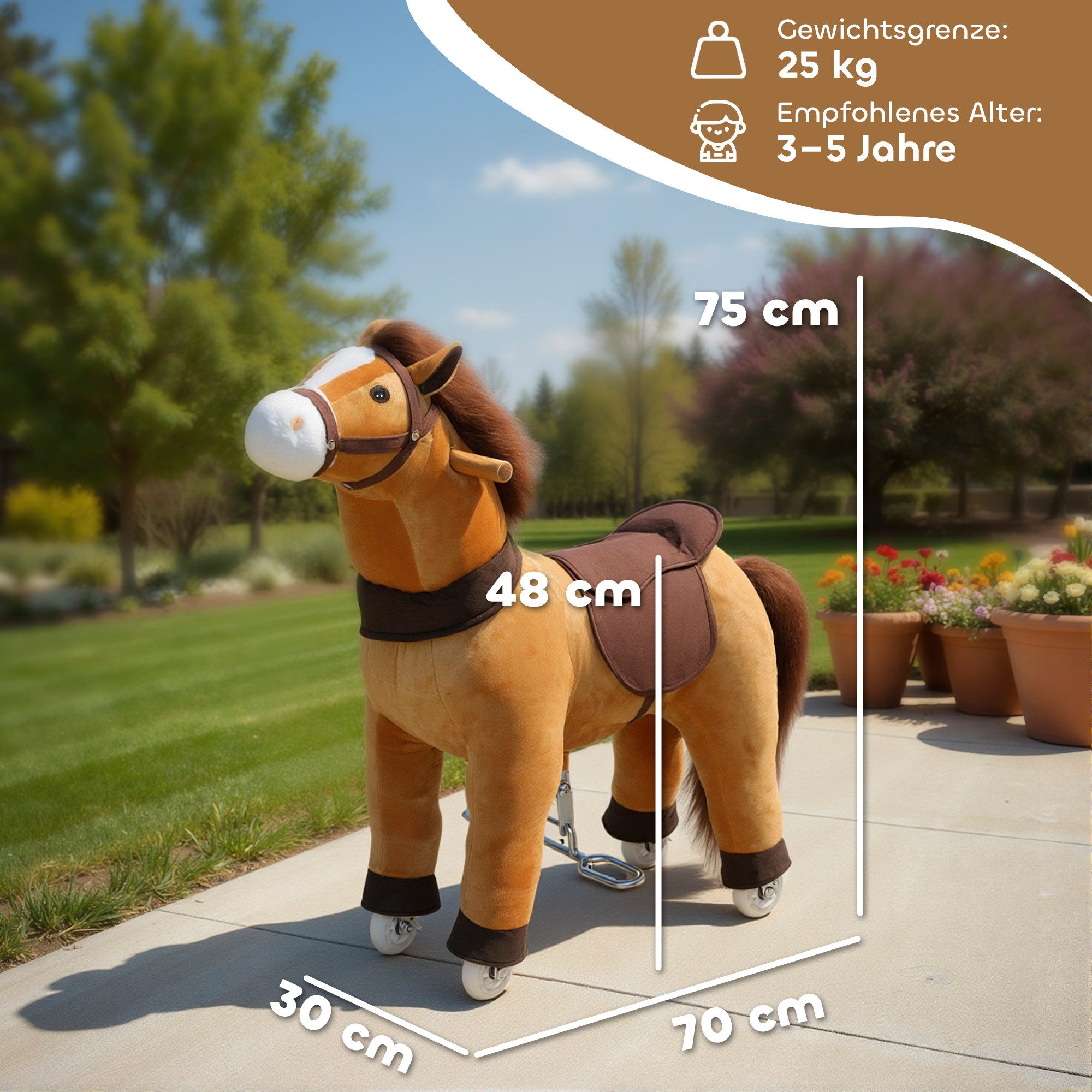 AIYAPLAY Stehtier Reitpferd mit Sattel Rollen, 75 cm Stehpferd, für Kinder 3-5 Jahre, bis 25 kg, Dunkelbraun