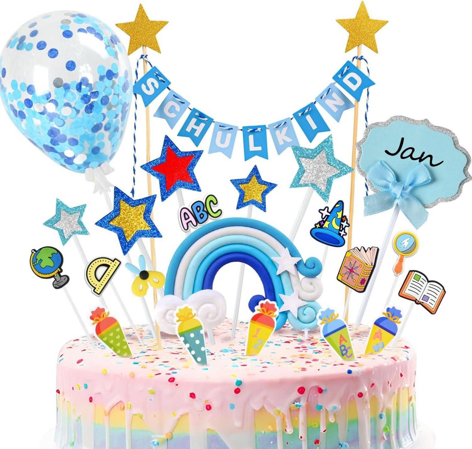 Dekohänger Tortendeko Einschulung Junge Schulkind Blau ABC 123 Ballon Zuckertüte