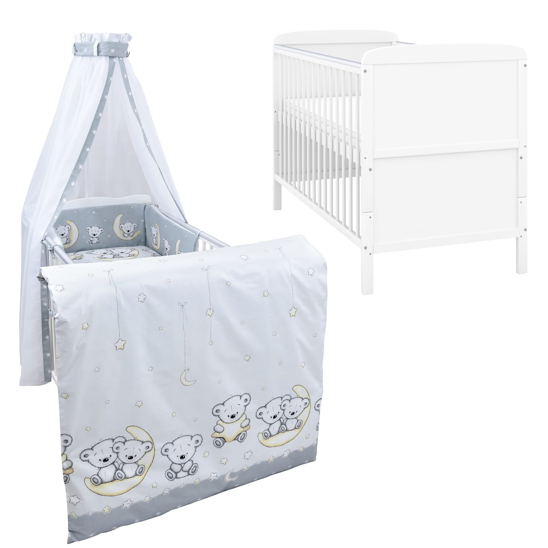 Baby-Delux Komplettbett Babybett Natalie Komplettset Waffelpique, 10-tlg., Kinderbett 70x140 cm weiß, Bettset Teddy Mond Design