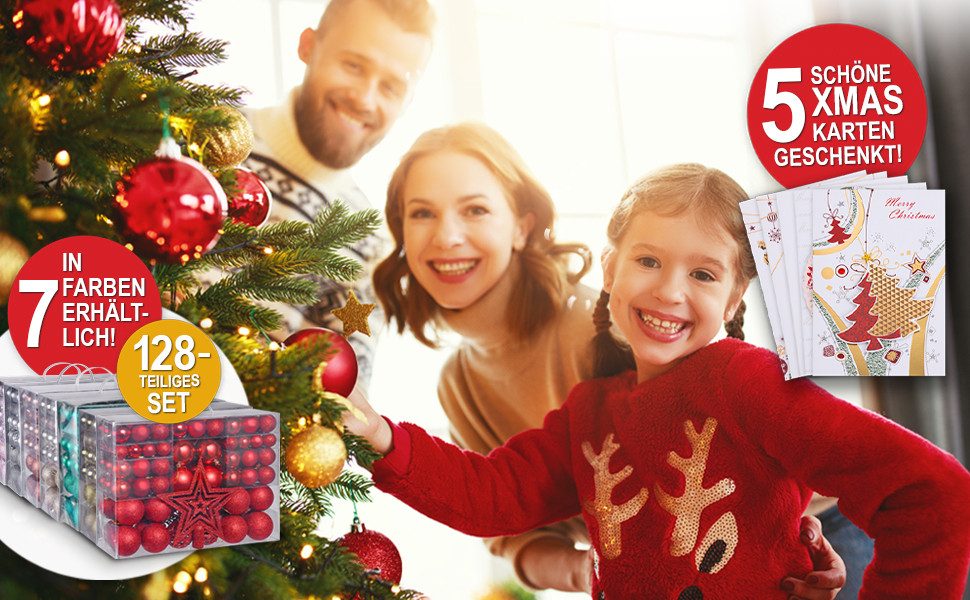 Onbest Weihnachtsbaumkugel Weihnachtskugeln 128-teiliges Set PLUS 5x Karten günstig online kaufen