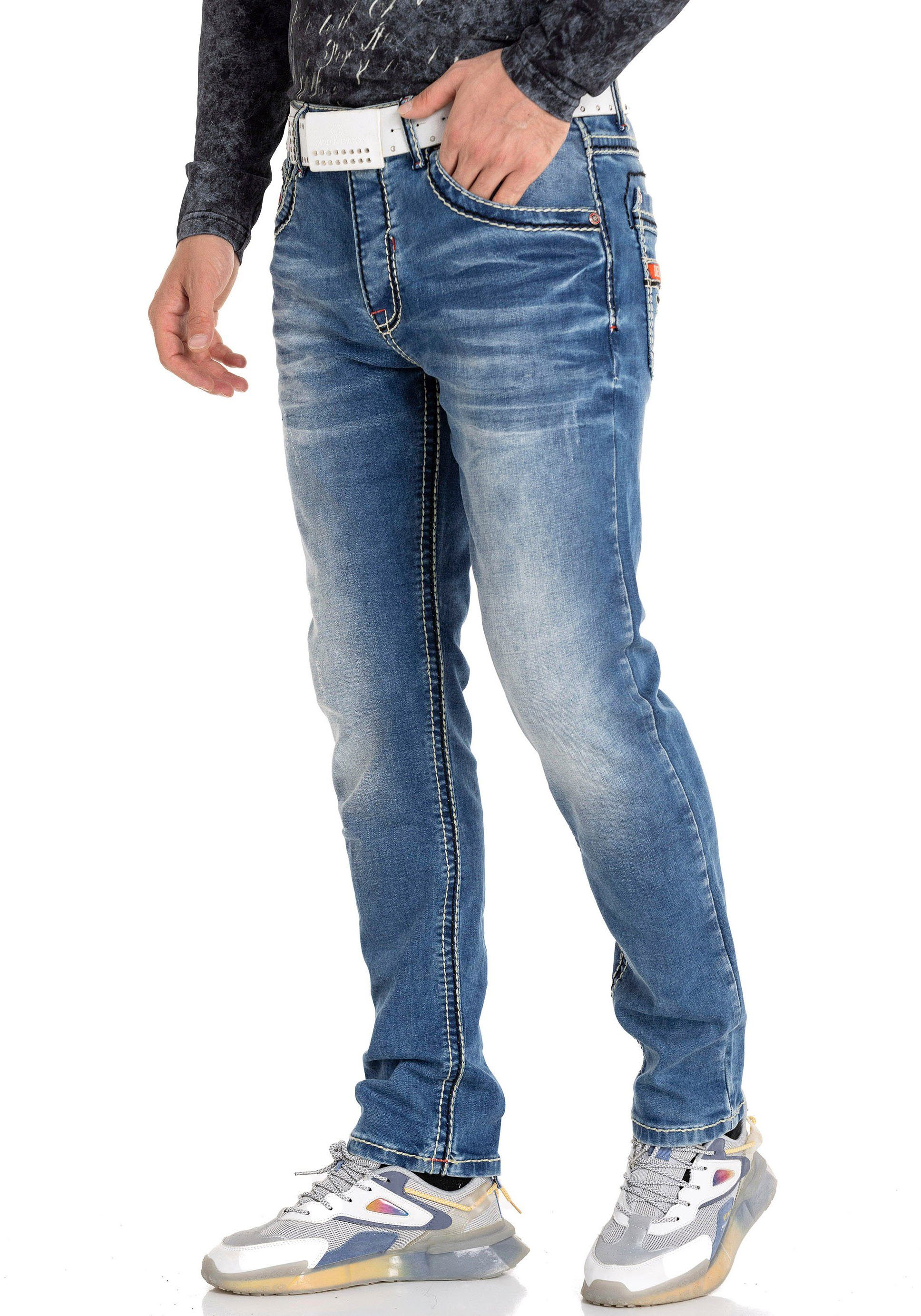 Cipo & Baxx Slim-fit-Jeans Herren Jeans Hose mit Zippern Dicke Zierreißverschlüsse und weiße