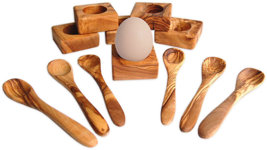 Olivenholz-erleben Eierbecher Troué mit Eierlöffel aus Olivenholz, (Set, 12-tlg., 6x Eierbecher und 6 Eierlöffel), besonders platzsparende eckige Form, Olivenholz ist lebensmittelecht