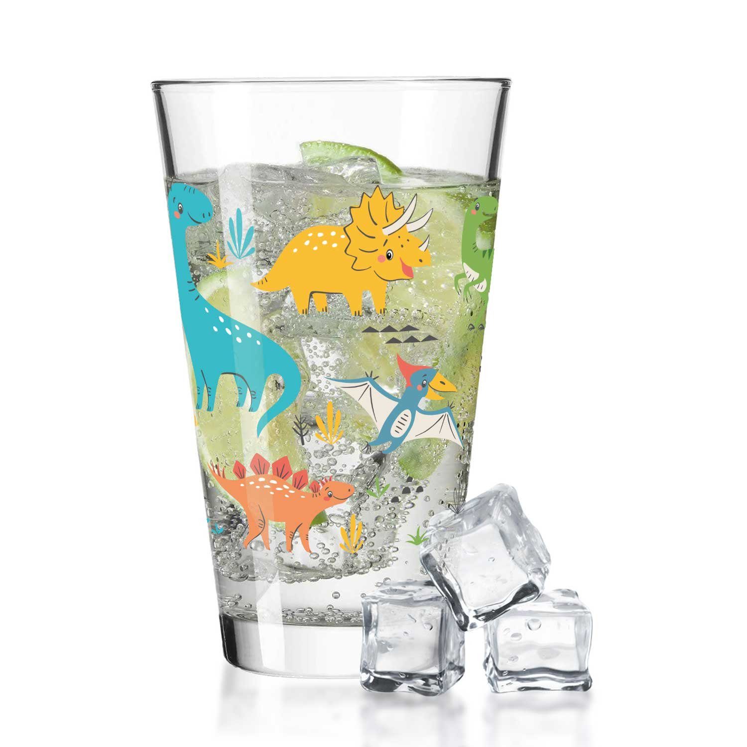 GRAVURZEILE Glas Leonardo Wasserglas mit UV-Druck - im Dinogruppe 360° Design, Glas, - Alltagstauglich - als Geschenk für Kinder zum Kindergeburtstag