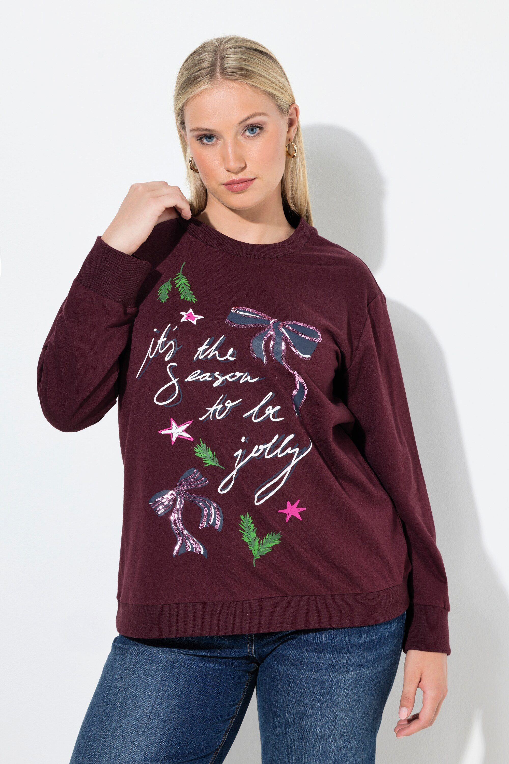 Ulla Popken Sweatshirt Weihnachts-Sweatshirt Schleifen Rundhals Langarm günstig online kaufen