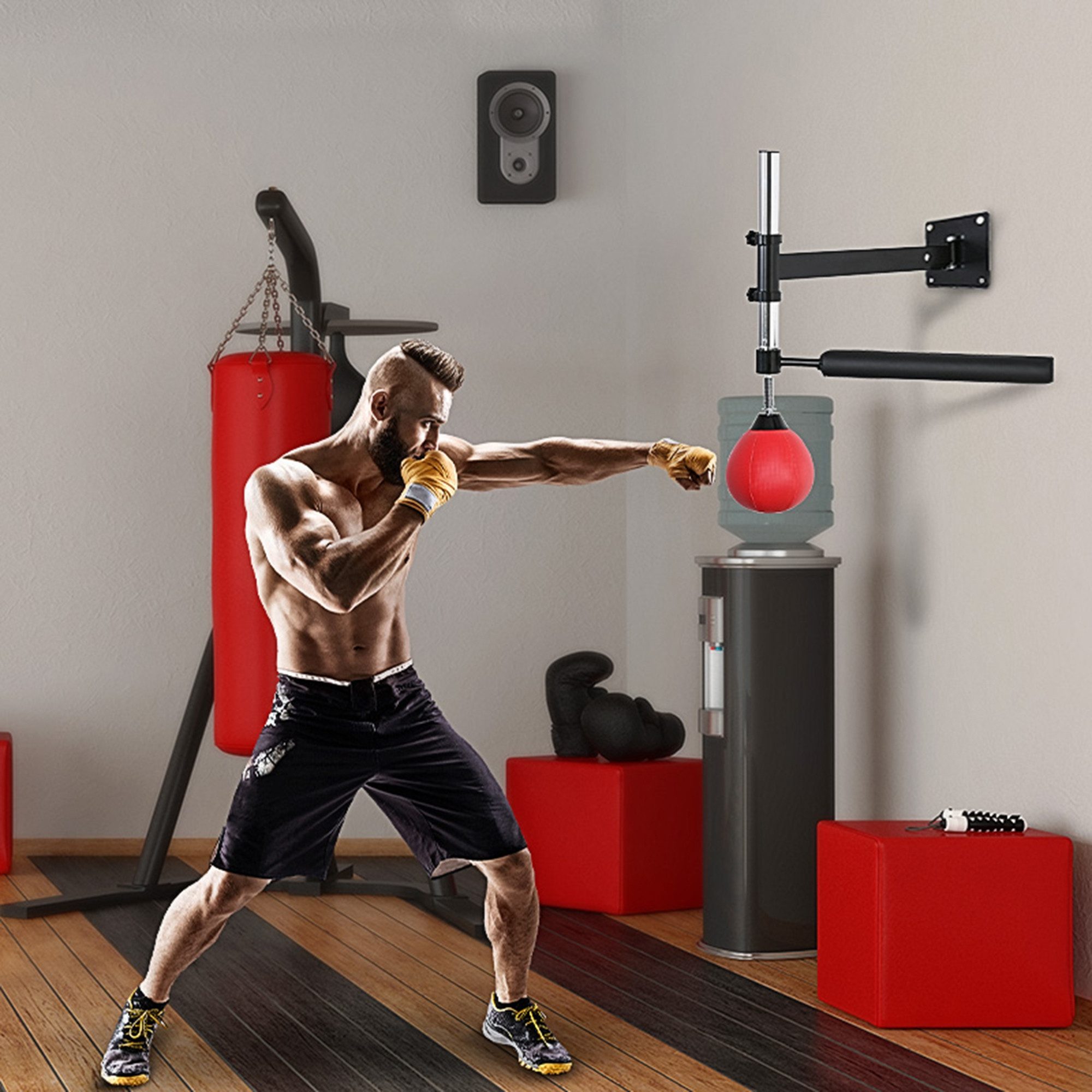 HOMCOM Standboxsack Boxtraining höhenverstellbar Speedball klappbar (Spinning Bar Boxing, 1-tlg., Boxgestell), für Erwachsene, Rot