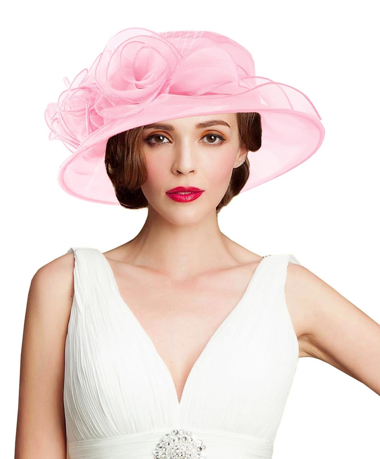 Bwecuy Sonnenhut Damenhut mit breiter Krempe, Blumen- und Blattdekor ideal für Hochzeit, Kirche und Tea Party – Bild 4 von 5