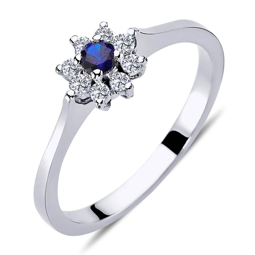 EinStein Diamant Diamantring Diamant Saphir Entourage Ring wird in 14 Karat Weißgold, Saphirring, Diamantring, Unbehandelter Diamant, Brillant, Saphir