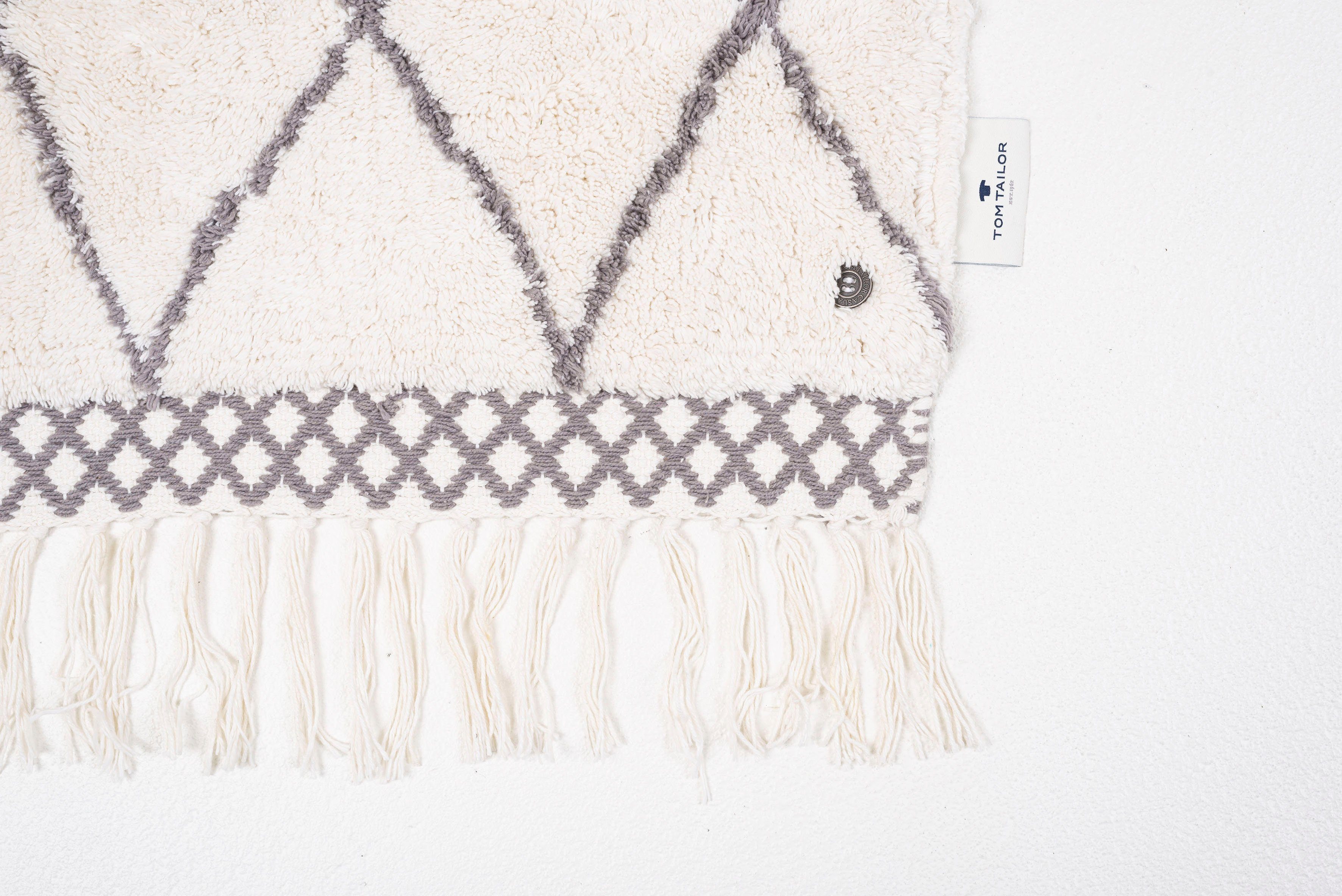 TOM TAILOR HOME Badematte Ethno Bath, Höhe 20 mm, fußbodenheizungsgeeignet, Baumwolle, rechteckig, Badteppich, Berber Look, Rauten Muster, mit Fransen, reine Baumwolle