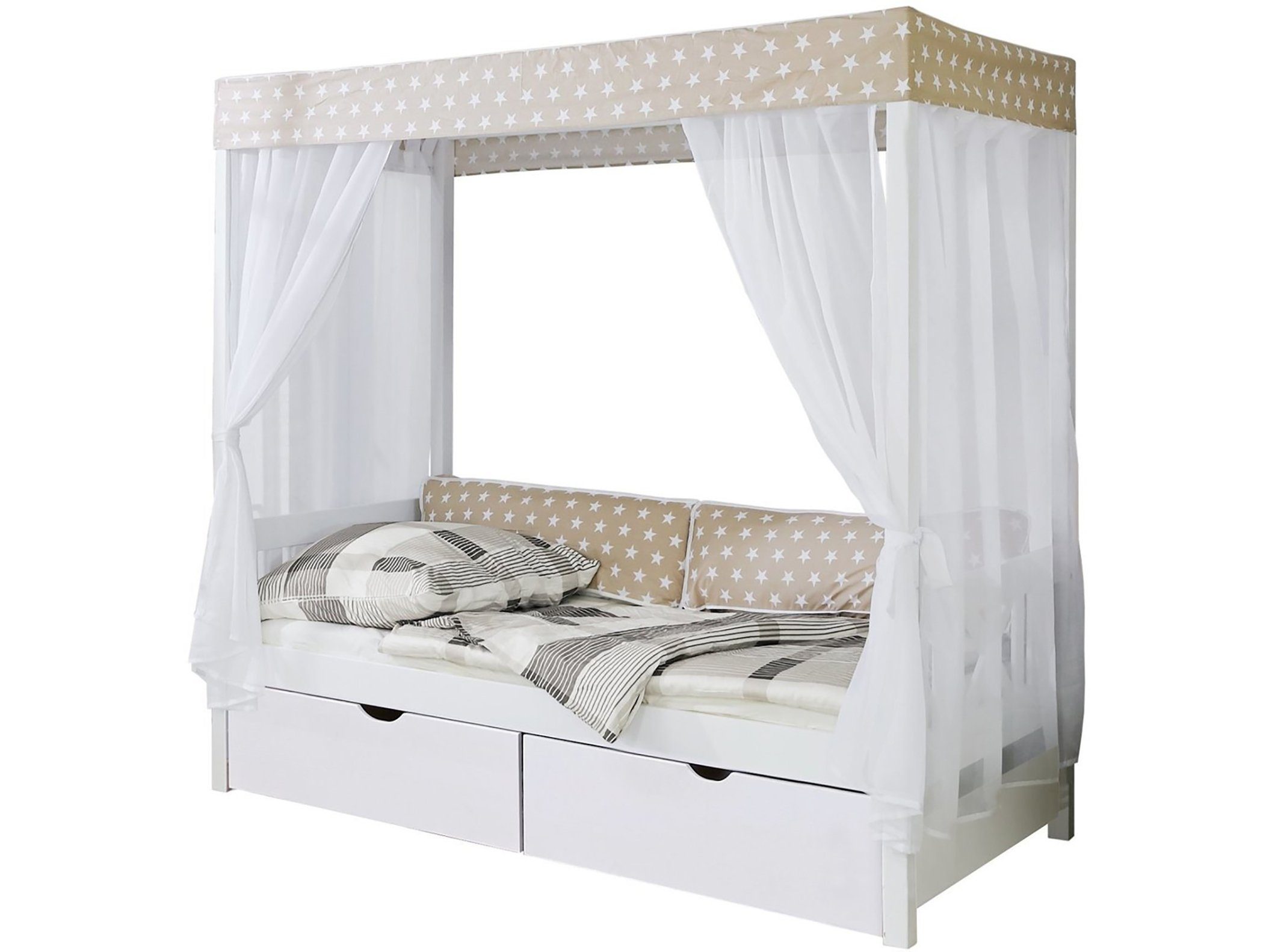 Ticaa Himmelbett Himmelbett "Beige" 310 Kiefer Weiß (Beige/Weiß, Oberer Teil abnehmbar und als Einzelbett stellbar