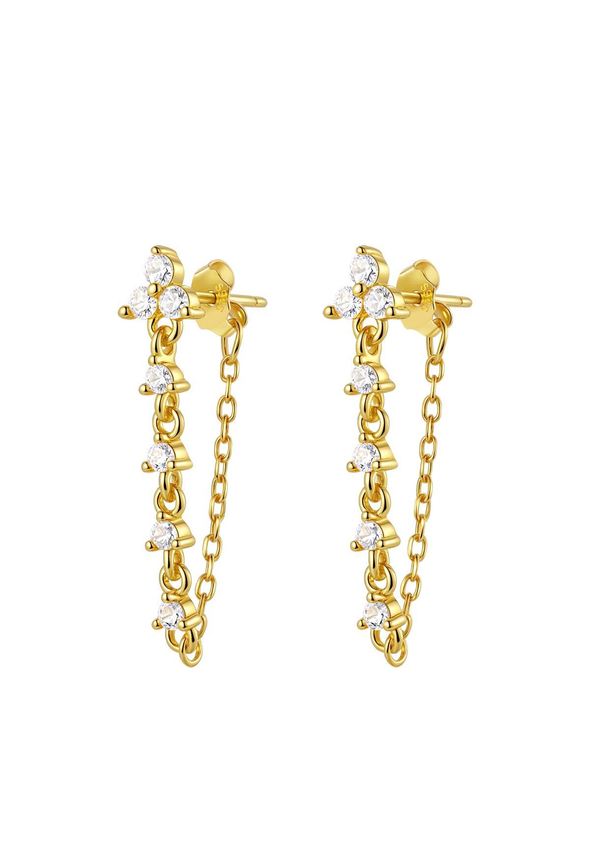 Hey Happiness Paar Ohrhänger Dreiblatt Ohrstecker mit Kette und Zirkonia, Edle 925 Silber Ohrringe Damen, Gold & Roségold