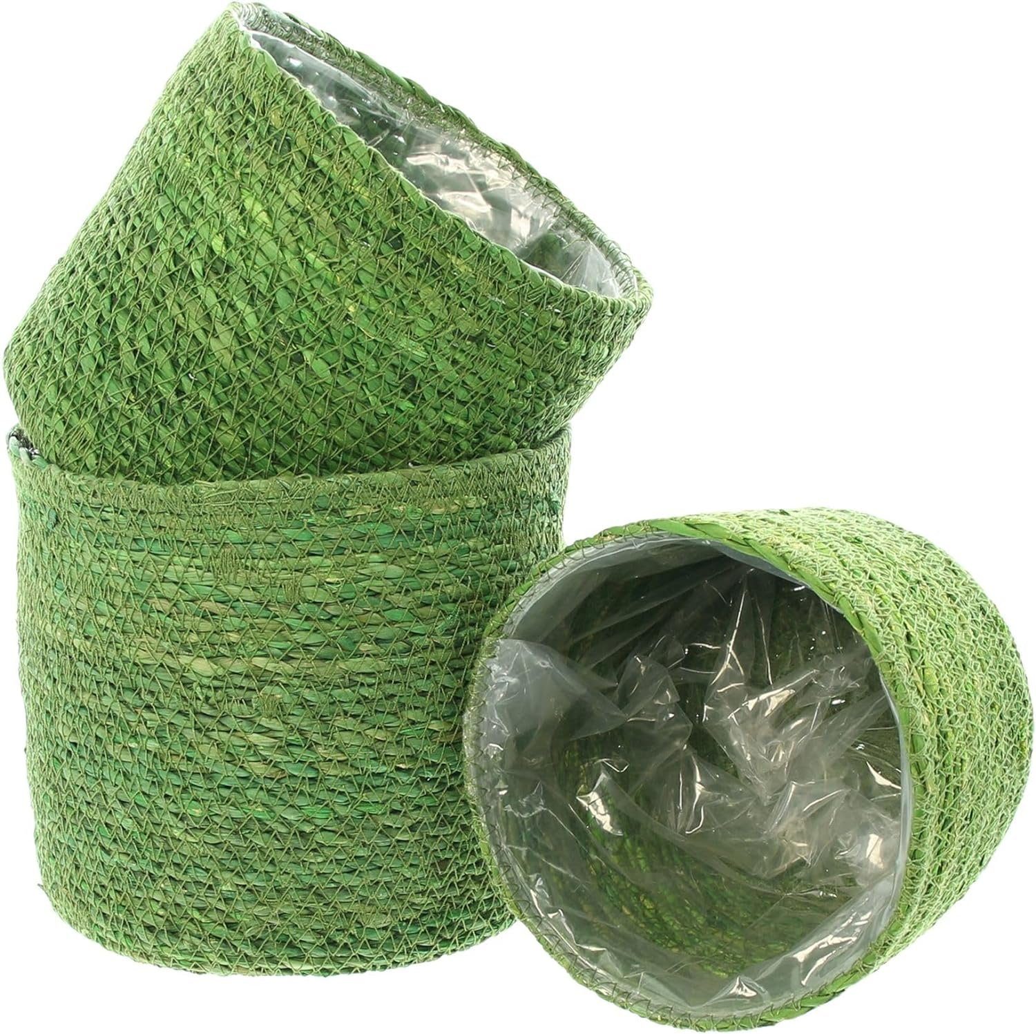 Dekoleidenschaft Pflanzkübel "Green" Seegras Pflanzkorb grün, Blumentopf, Pflanztopf, Pflanzgefäß (3 St., im Set), Blumenkübel für Wohnzimmer & Draußen, Flechtkorb, Übertopf
