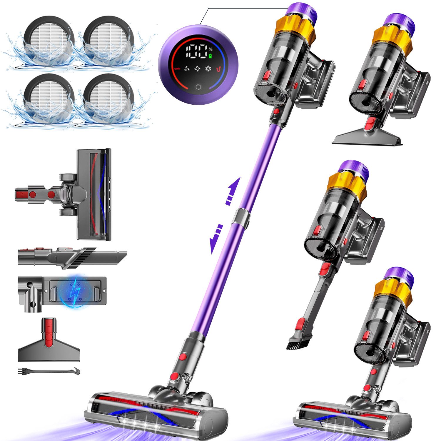 Hiazurm Akku-Hand-und Stielstaubsauger Akku Staubsauger, Staubsauger Kabellos 80000Pa/70Min/1,8L, Vielseitiger Akkusauger für Teppich, Hartboden, Tierhaare, HEPA*4, Akkustaubsauger LED-Licht Bürste für Teppiche, Mit LED Display