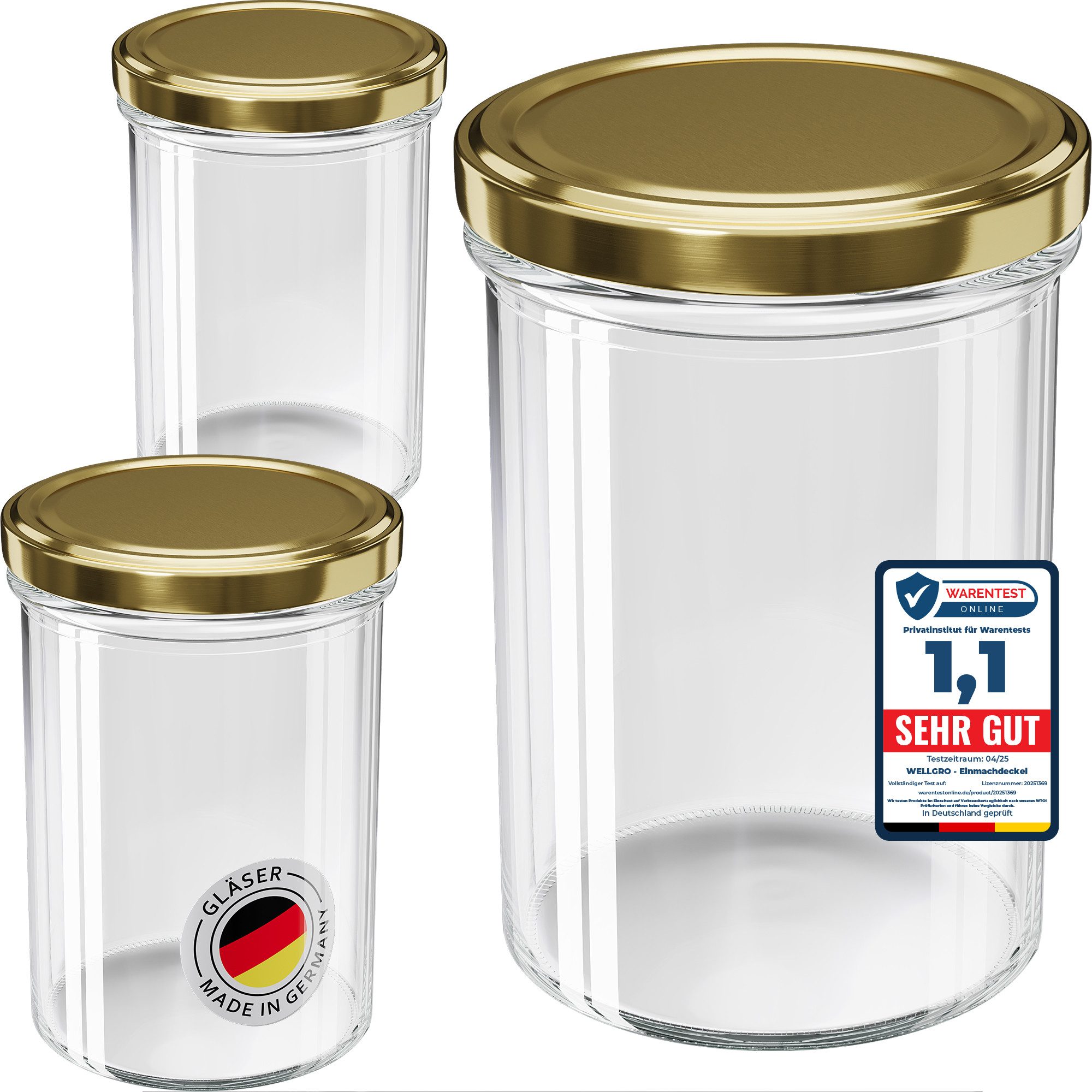 Wellgro Vorratsglas Einmachgläser mit Schraubdeckel 435ml TO 82, gold, (200-tlg)
