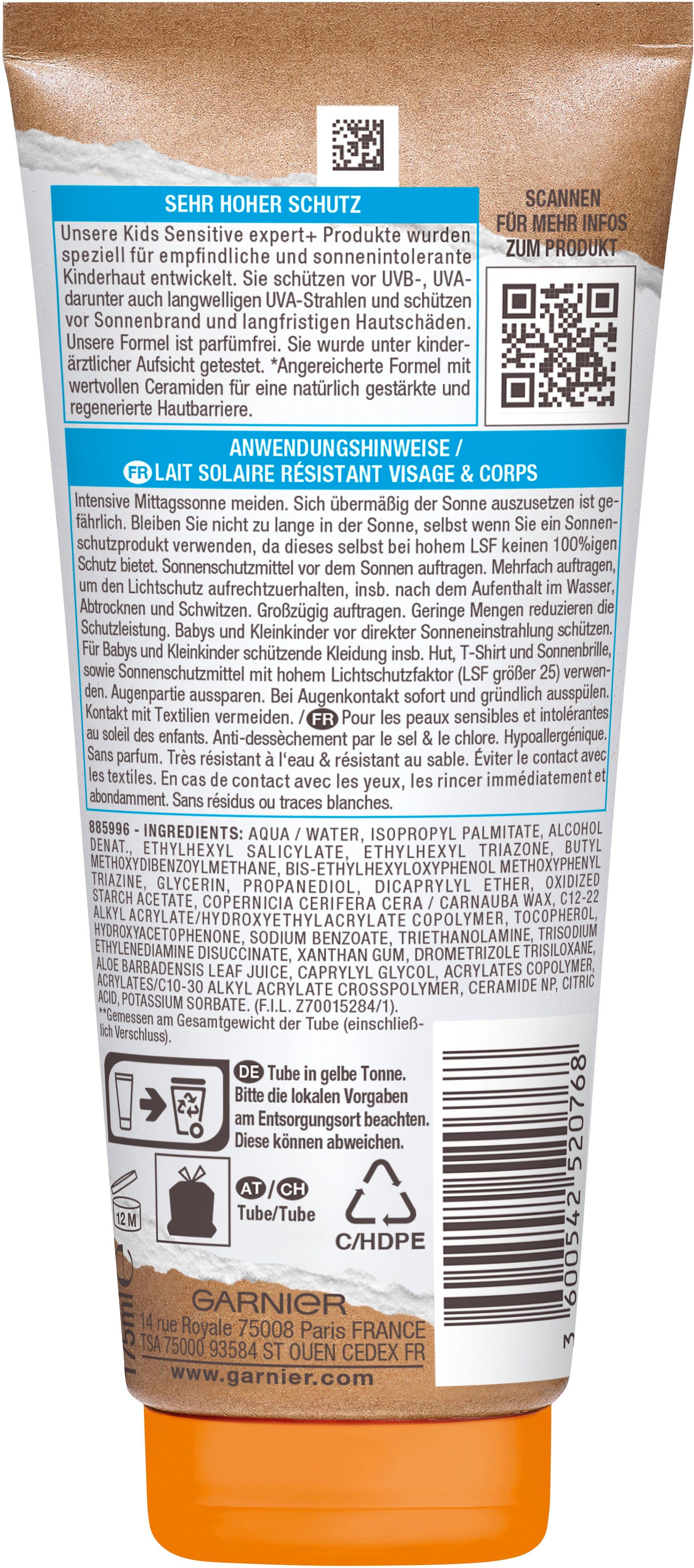 GARNIER Sonnenschutzmilch AMBRE SOLAIRE KIDS SENSITIV EXPERT+ LSF50+, mit Lichtschutzfaktor