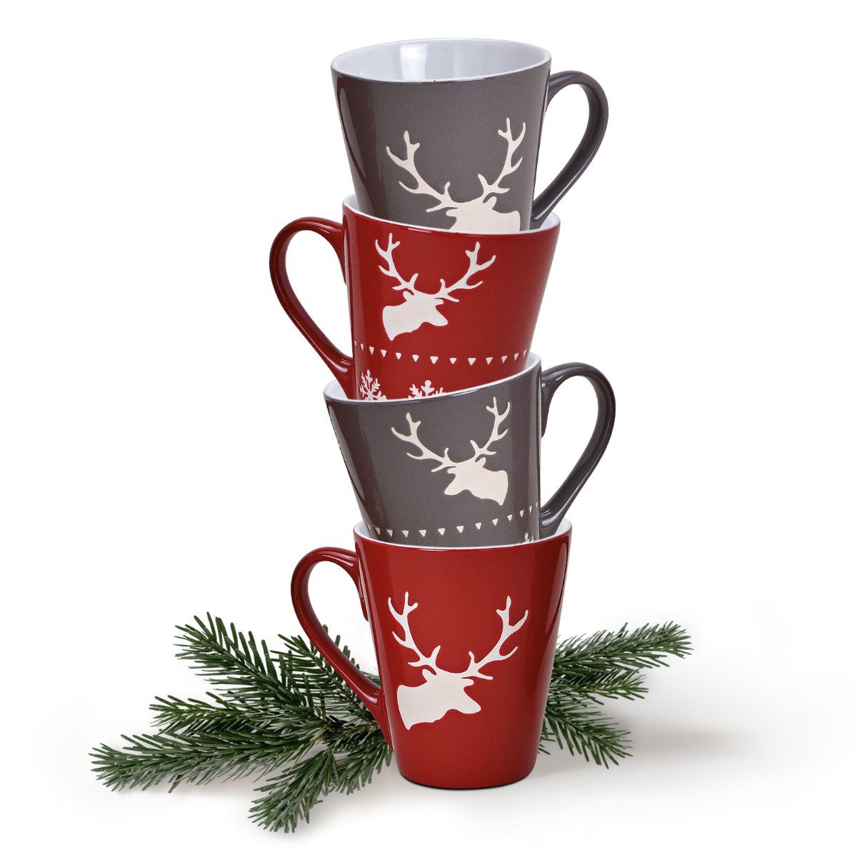 Tasse Weihnachtstassen 4er Set Hirsche Landhaus-Stil Kaffeetassen
