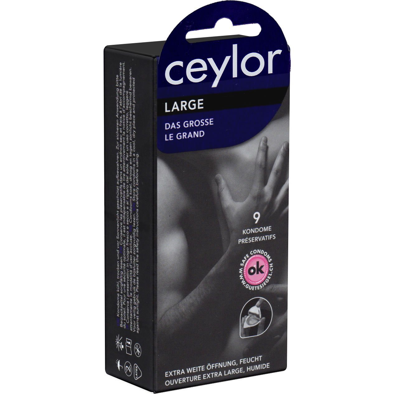 Ceylor XXL-Kondome Large (extraweite Kondome) Packung mit, 9 St., größere Kondome, Premium-Qualität aus der Schweiz, im hygienischen "Dösli", einfach zu öffnen, schnelleres Überziehen
