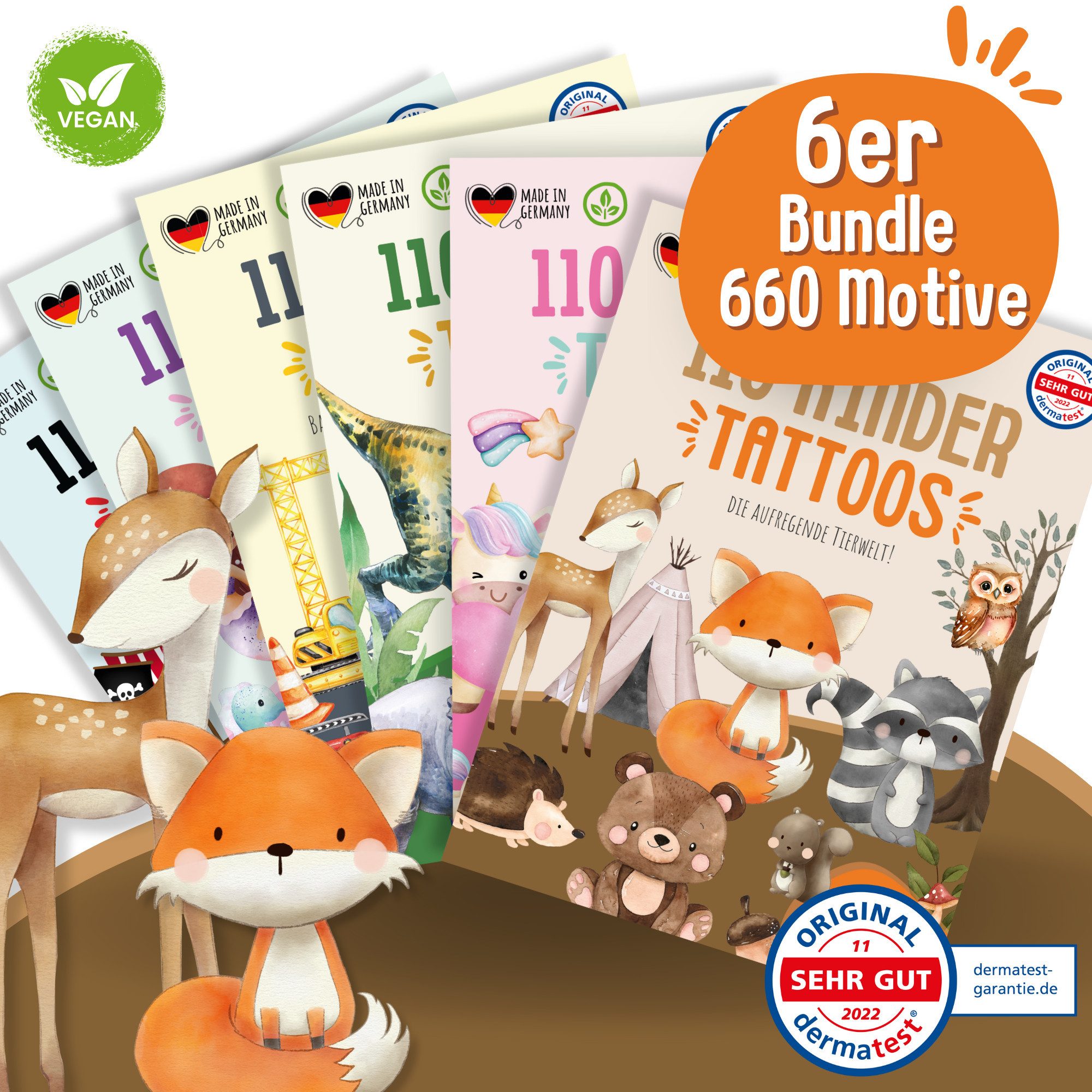MeinBaby123® Kindertattoo 660 hautfreundliche Hauttattoos für Kinder, Geschenk für Mädchen, Mitgebsel Kindergeburtstag, Bagger, Dino, Tiere, Einhörner
