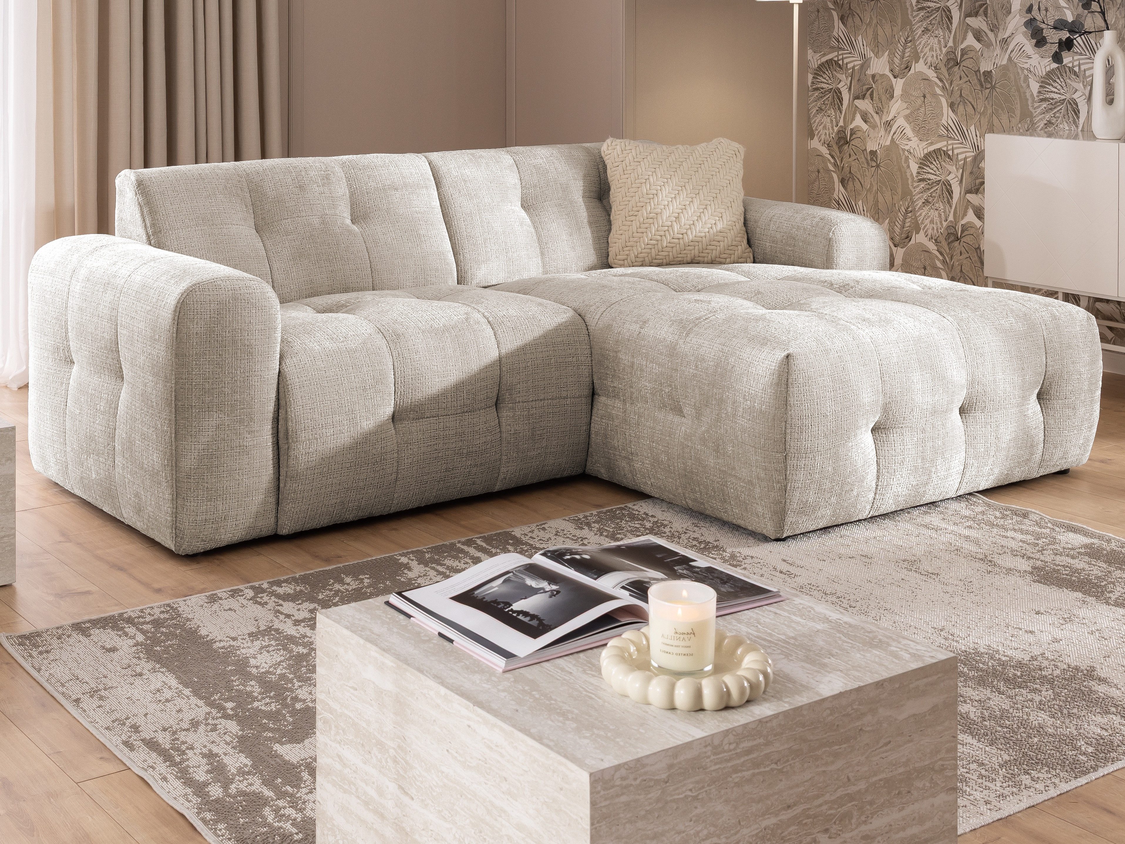 S-Style Möbel Ecksofa Kozy im Bumpy-Design mit fester Rückenlehne aus weichem Chenille-Stoff, mit Wellenfederung