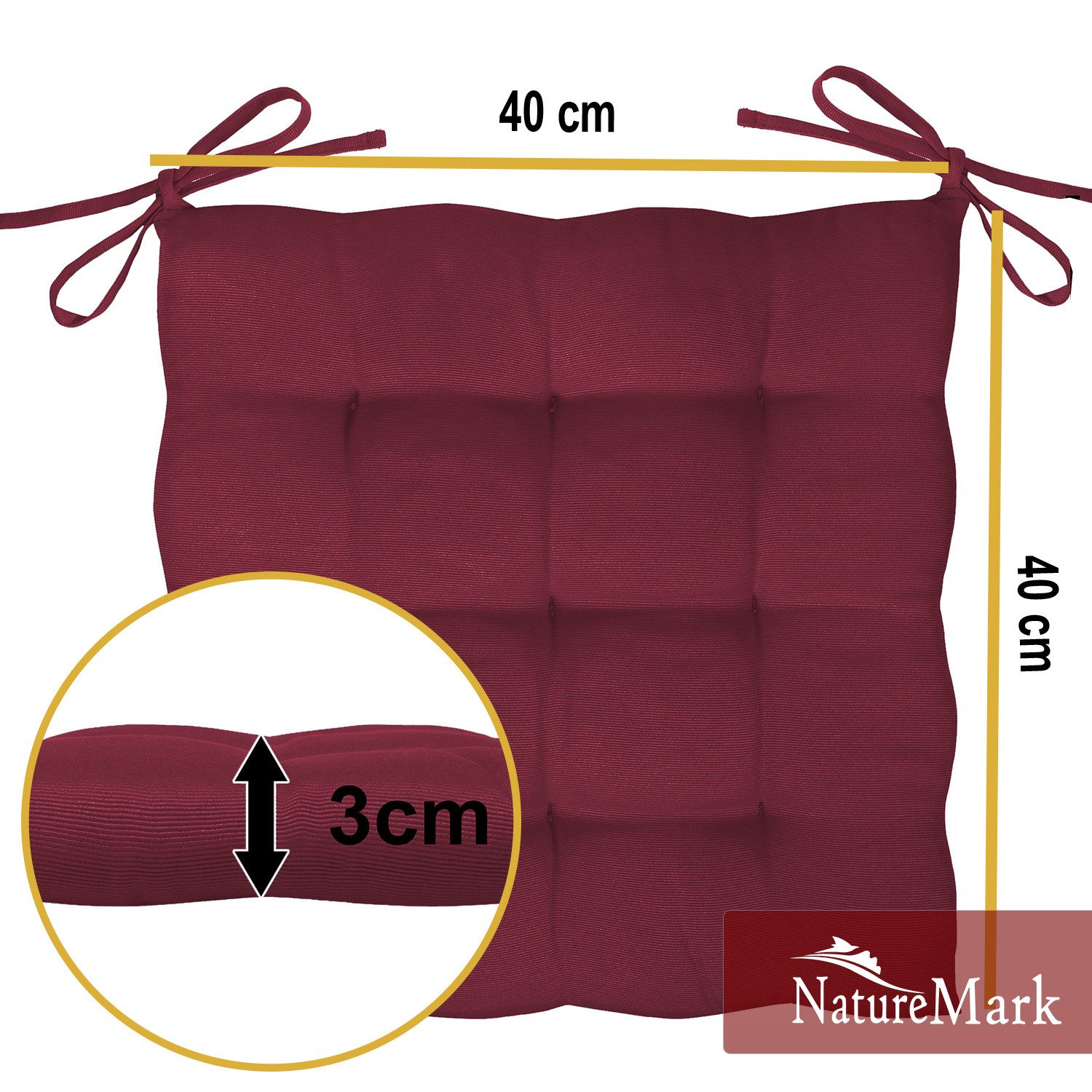 NatureMark Sitzkissen 4er-Set Stuhlkissen 40x40cm mit Bändern, Sitzpolster Kissen 4er Pack, schadstoffgeprüft, Bordeaux rot