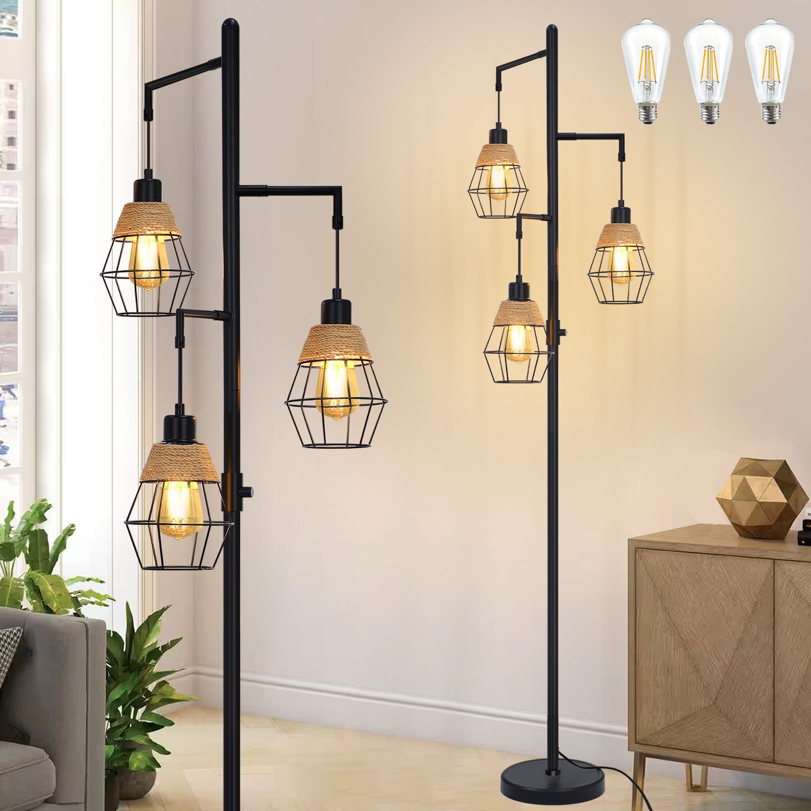 SERBASIC Stehlampe Dimmbar LED Stehlampe Vintage Standleuchte, 175cm, mit 3 Glühbirnen, LED wechselbar, Metall Vintage Stehlampen für Wohnzimmer, Schlafzimmer, Esszimmer