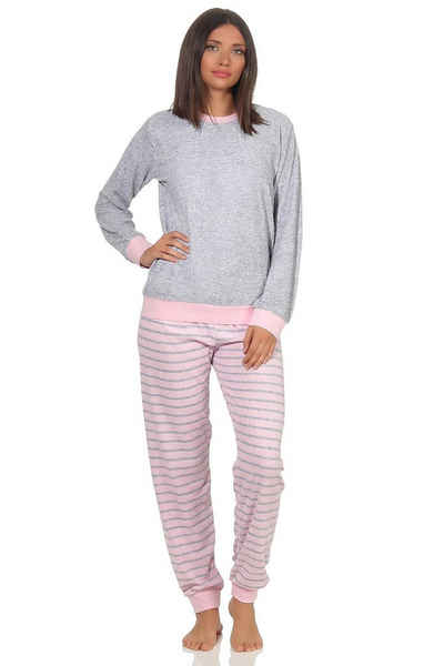 Normann Pyjama Damen Frottee Pyjama langarm mit Bündchen und Pinguin Stickerei