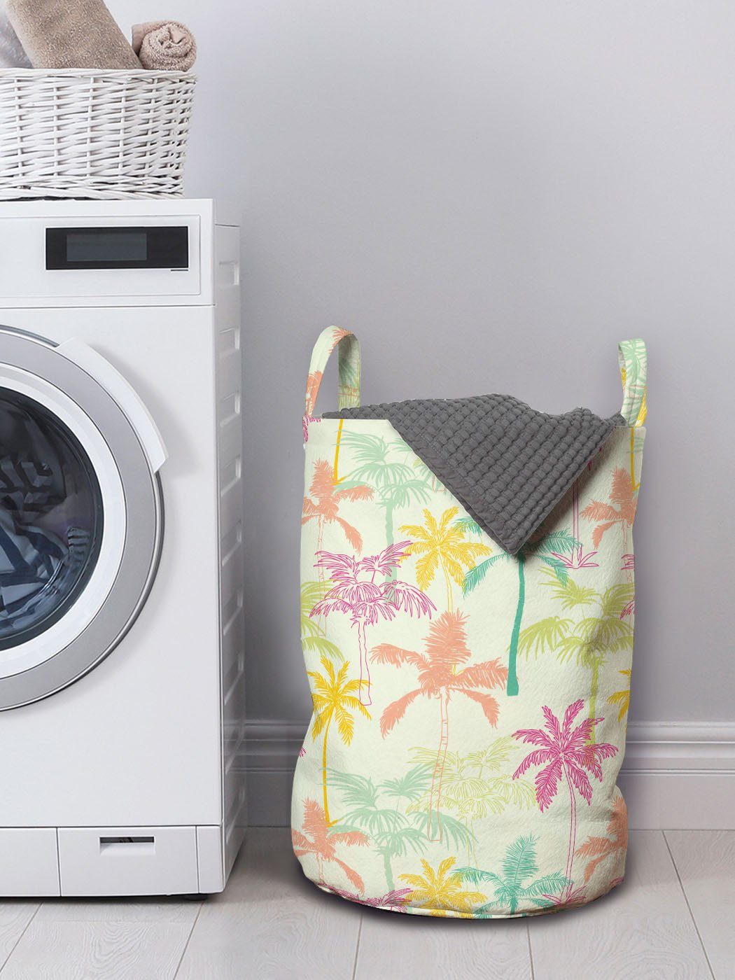 Wäschekorb Abakuhaus Wäschesäckchen in Griffen Palme Waschsalons, Silhouetten Farbe für mit Kordelzugverschluss