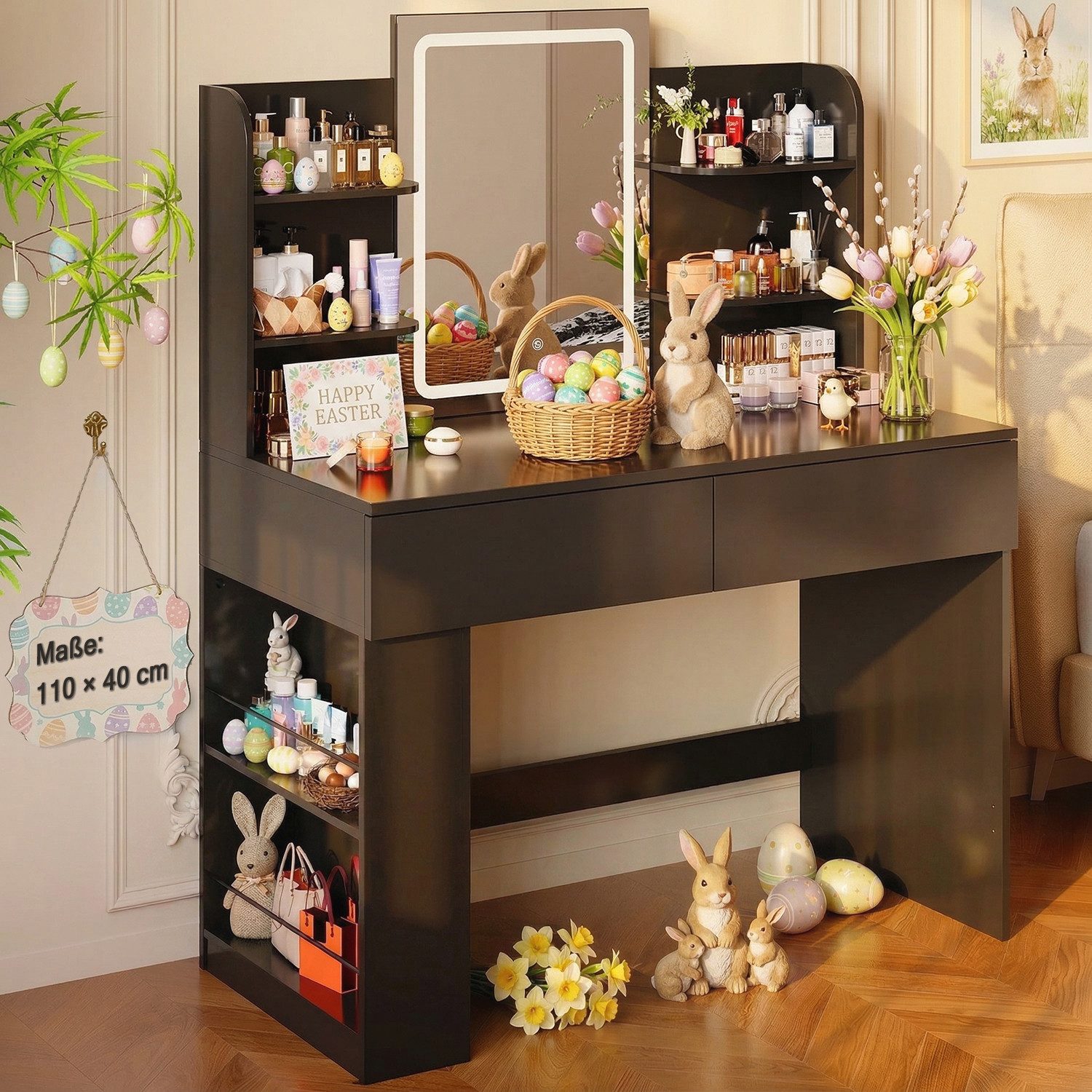 HOMALL Schminktisch mit Spiegel, LED-Beleuchtung, einstellbare Helligkeit, ostern (Länge × Breite × Höhe) 90/110 × 40 × 135 cm, 8 offene Fächer (2 seitliche Fächer sind nach links und rechts verschiebbar), 2 große Schubladen – Ostergeschenk)