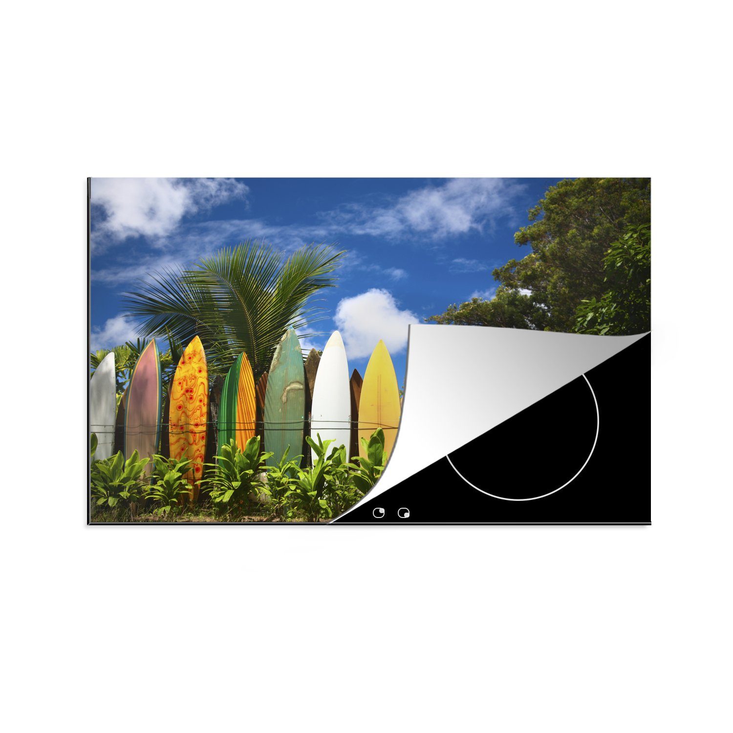 MuchoWow Herdblende-/Abdeckplatte Ein Surfbrett-Zaun auf Hawaii, Vinyl, (1 tlg), 81x52 cm, Induktionskochfeld Schutz für die küche, Ceranfeldabdeckung