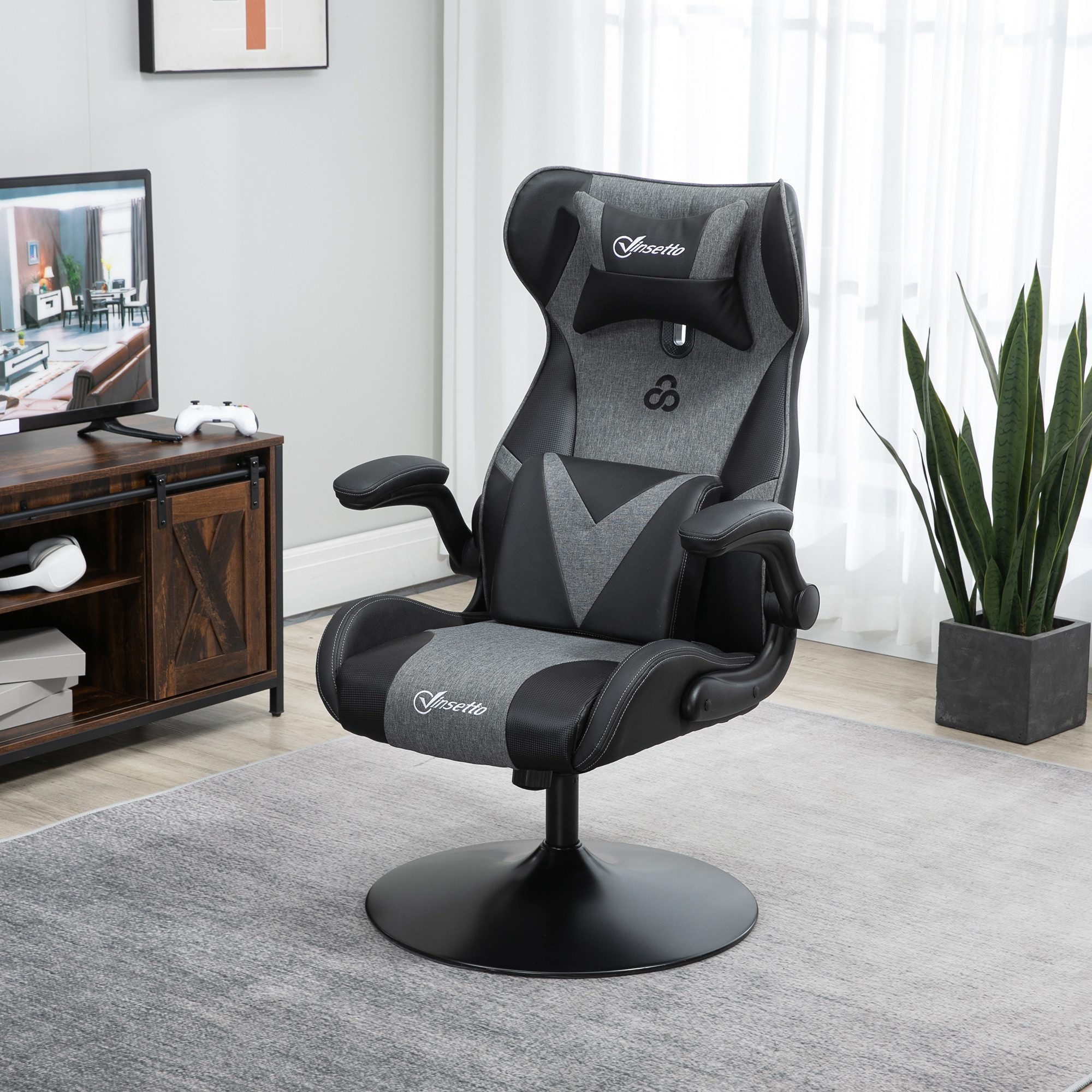 Vinsetto Schreibtischstuhl Gamer Stuhl verstellbare Armlehne Lendenwirbelstütze Sessel Grau (Gamingstuhl, 1 St), für Büro, Schlafzimmer, Schwarz