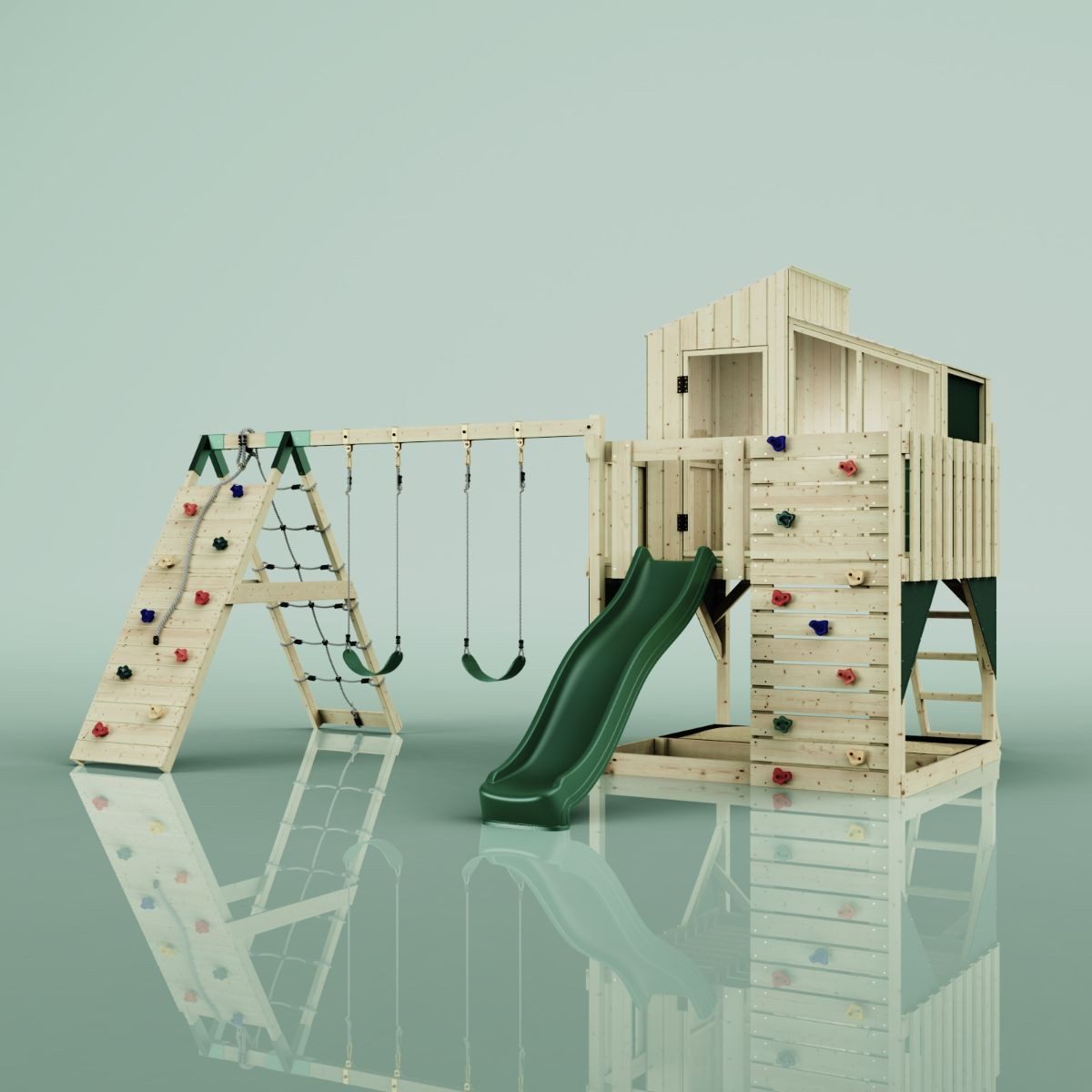 OutdoorToys Spielturm Finn, aus Holz in Dunkelgrün mit Kinderschaukel & Rutsche, Kletterwand