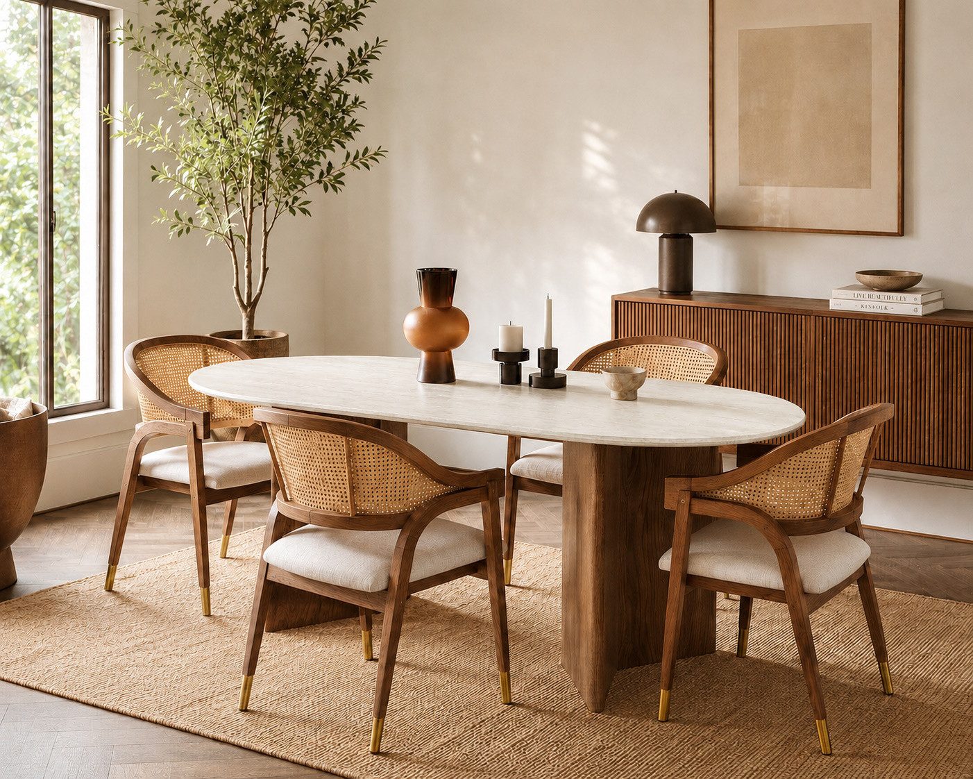 Vintagehaus Essgruppe Tivoli Travertin Keramik 180 + 4 / 200 + 6 Stühle Aureo Walnuss
