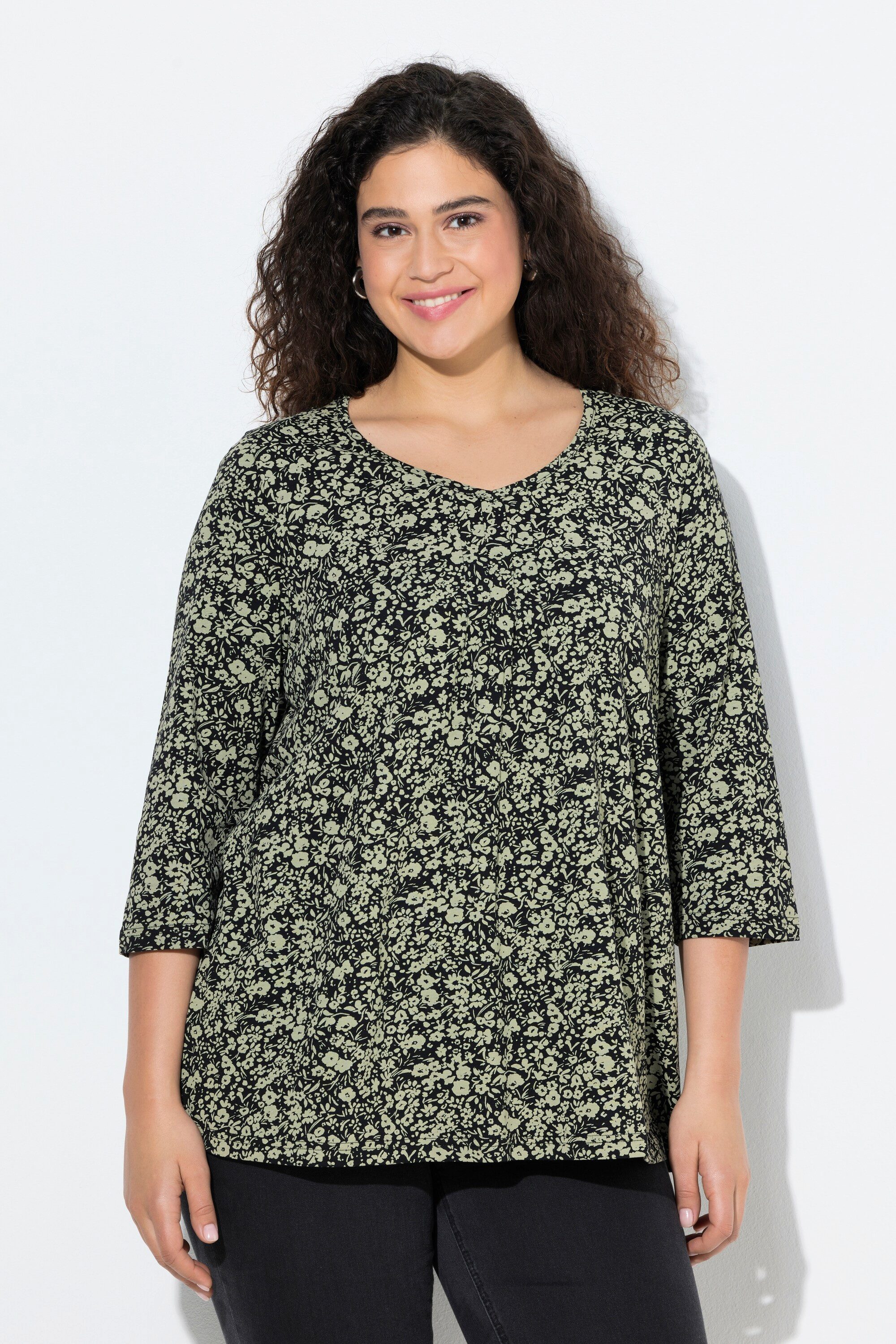 Ulla Popken T-Shirt Shirt Blüten Zierfalten A-Linie V-Ausschnitt günstig online kaufen