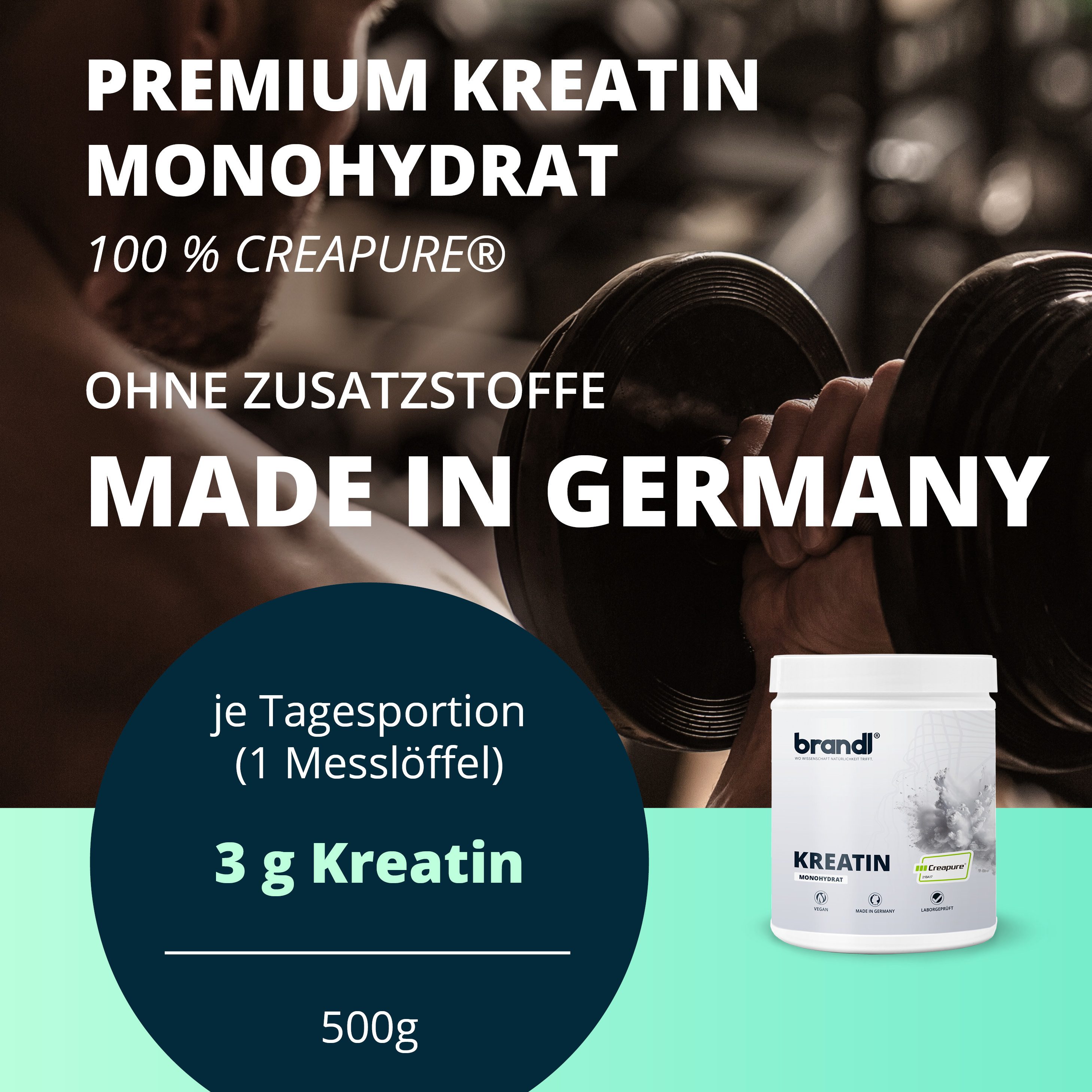 Brandl Nutrition Kreatin Pulver Monohydrat CREAPURE Creatin, 100% made in Germany vegan Pulver, 500 g, unabhänging laborgeprüft & ohne Zusatzstoffe, Kreatinpulver