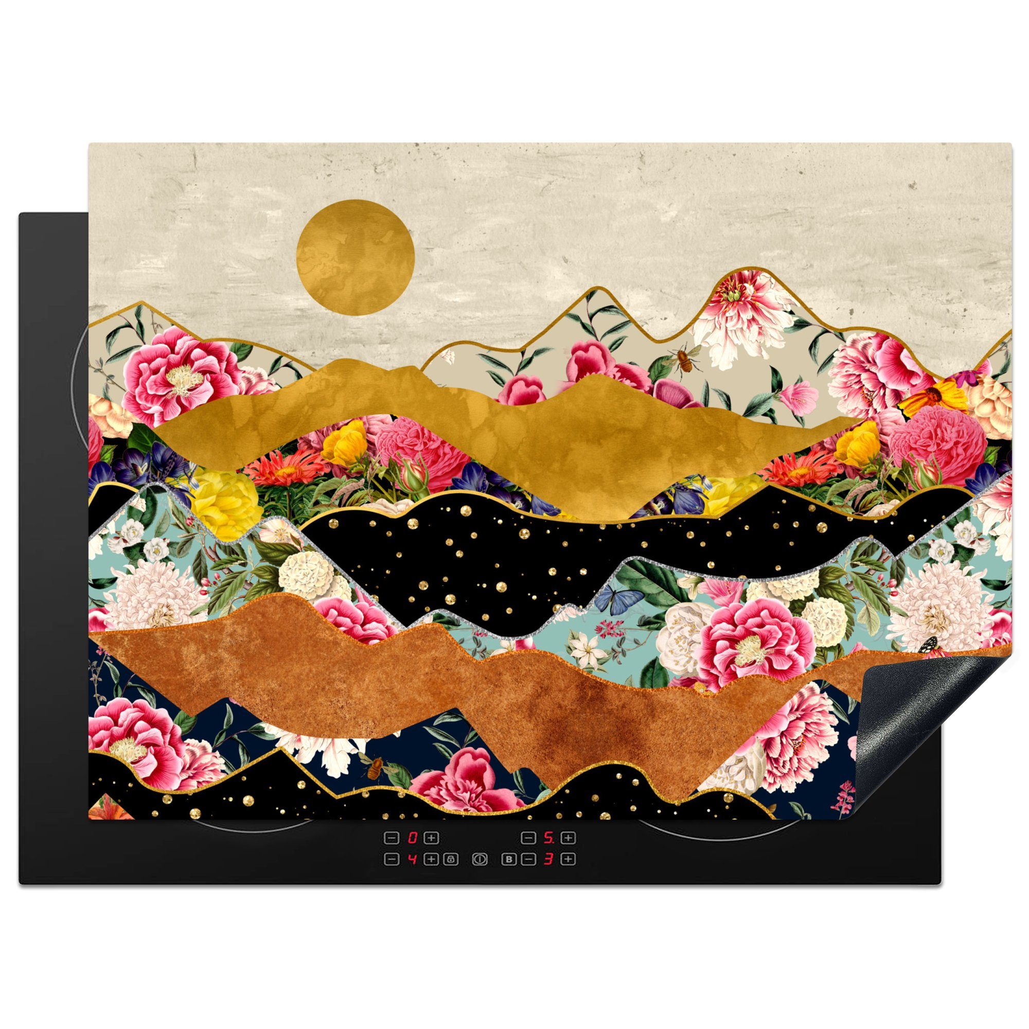 MuchoWow Herdblende-/Abdeckplatte Gold - Blumen - Druck - Abstrakt - Landschaft - Muster, Vinyl, (1 tlg), 71x52 cm, Induktionskochfeld Schutz für die küche, Ceranfeldabdeckung