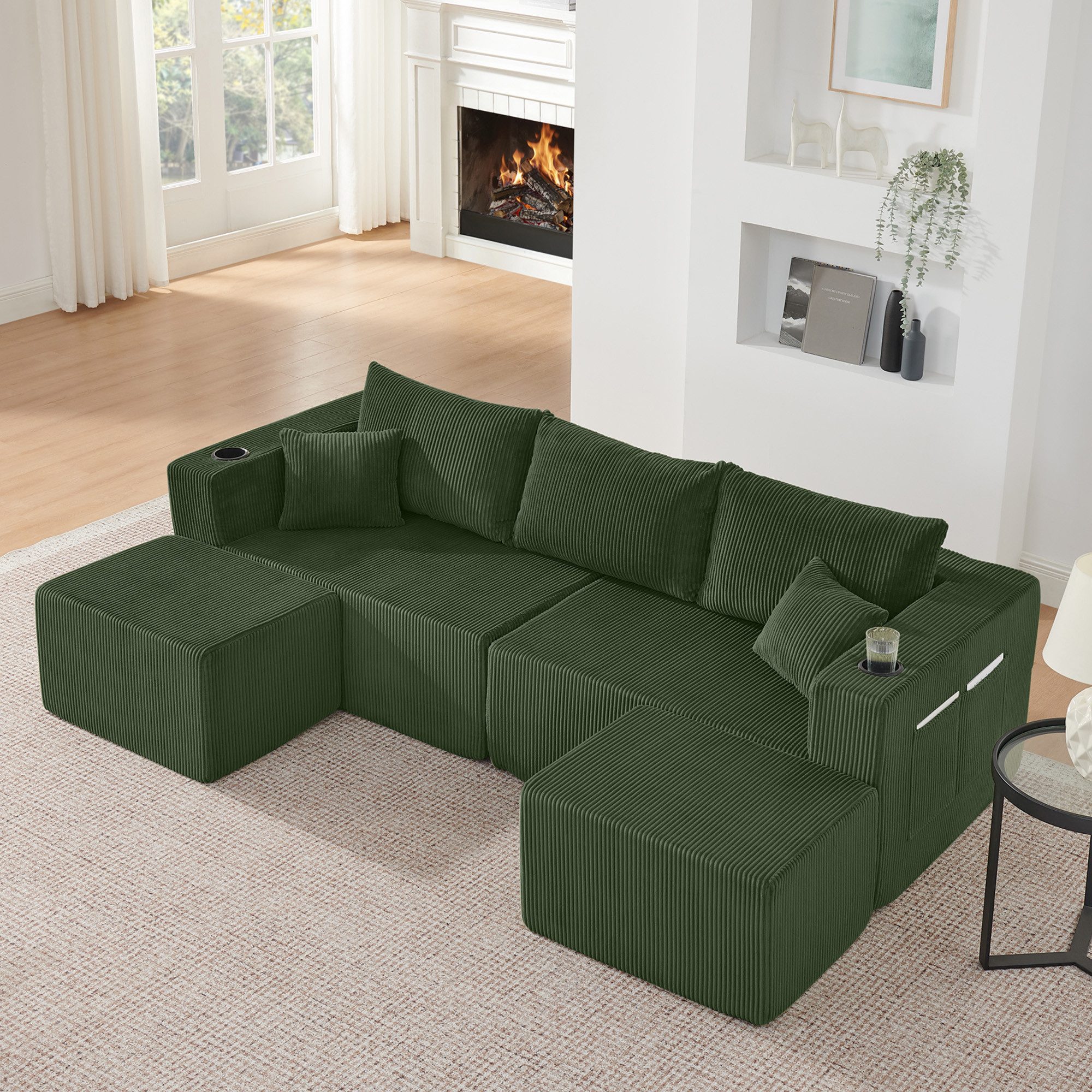 GLP Sofa Ecksofa mit Schlaffunktion 230 cm, Modulset, Modulares U-Form Sofa mit Cord, Ottomanen & Getränkehalter