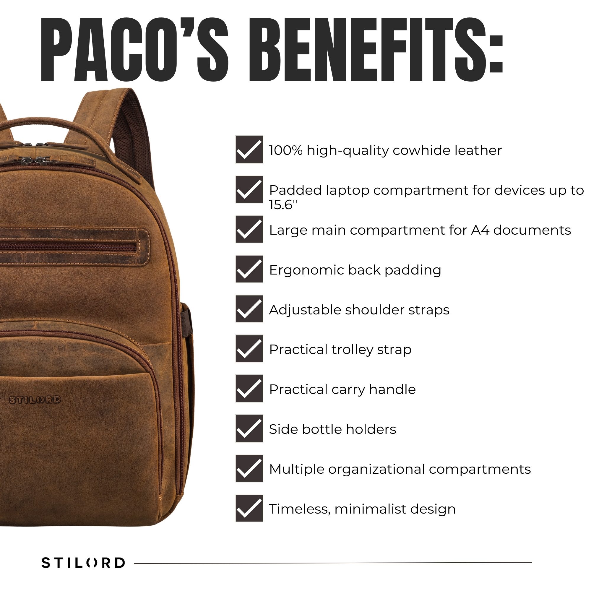 STILORD Notebookrucksack "Paco" Premium Business Rucksack Herren Leder Groß - 15,6 Zoll