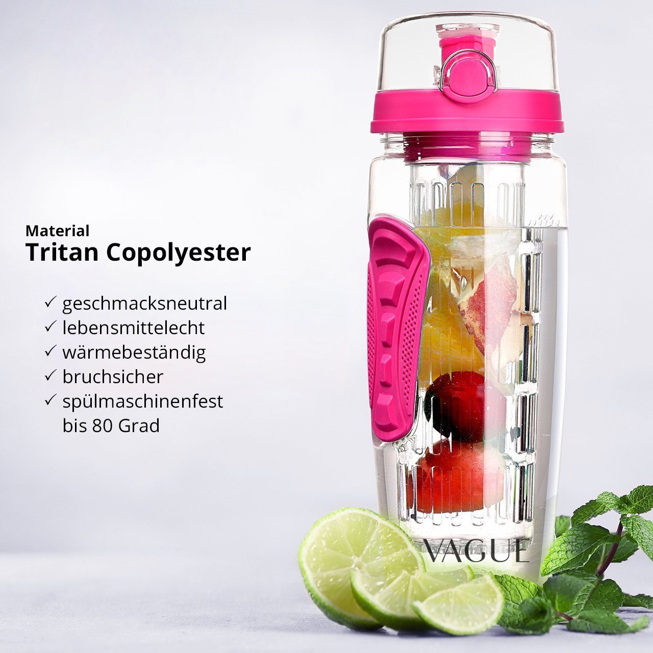 LA VAGUE Trinkflasche VITALITY Trinkflasche mit Einsatz, Trinkflasche mit Früchtesieb für perfekt aromatisierte Getränke